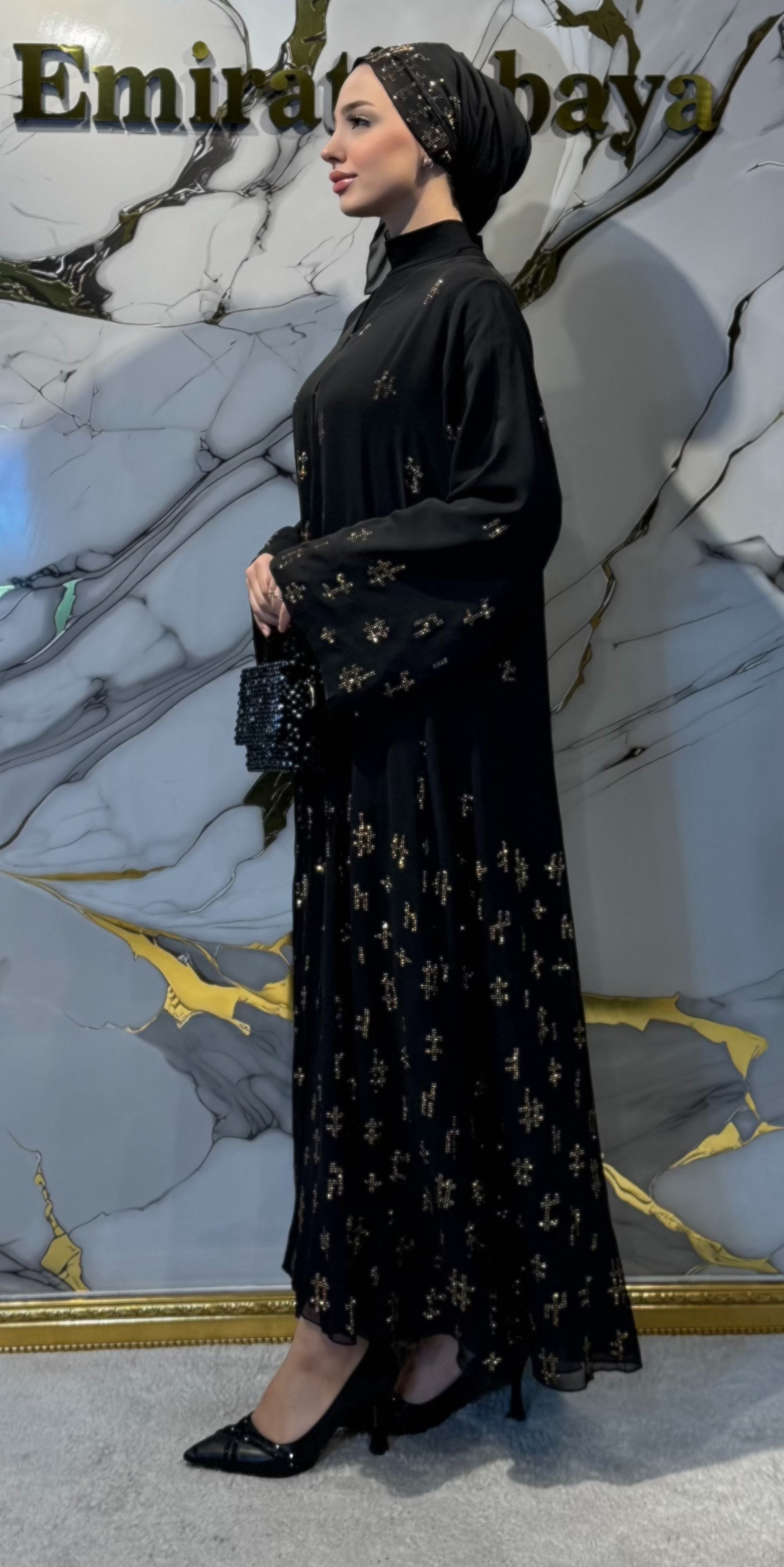 Luxury Gold Geometric Stone Detail Black Chiffon Abaya TM53 GSB