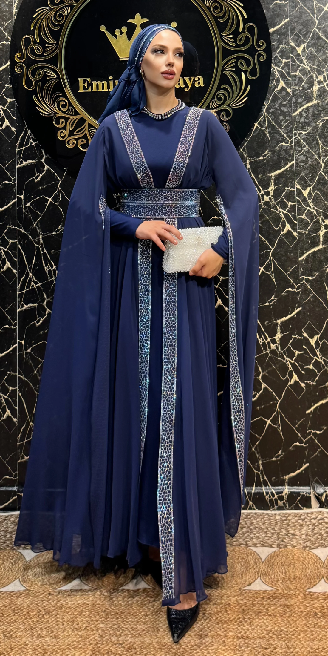 Traditional Navy Blue Chiffon Abaya Set with Shimmering Stone Trim WS49 JS BLUE