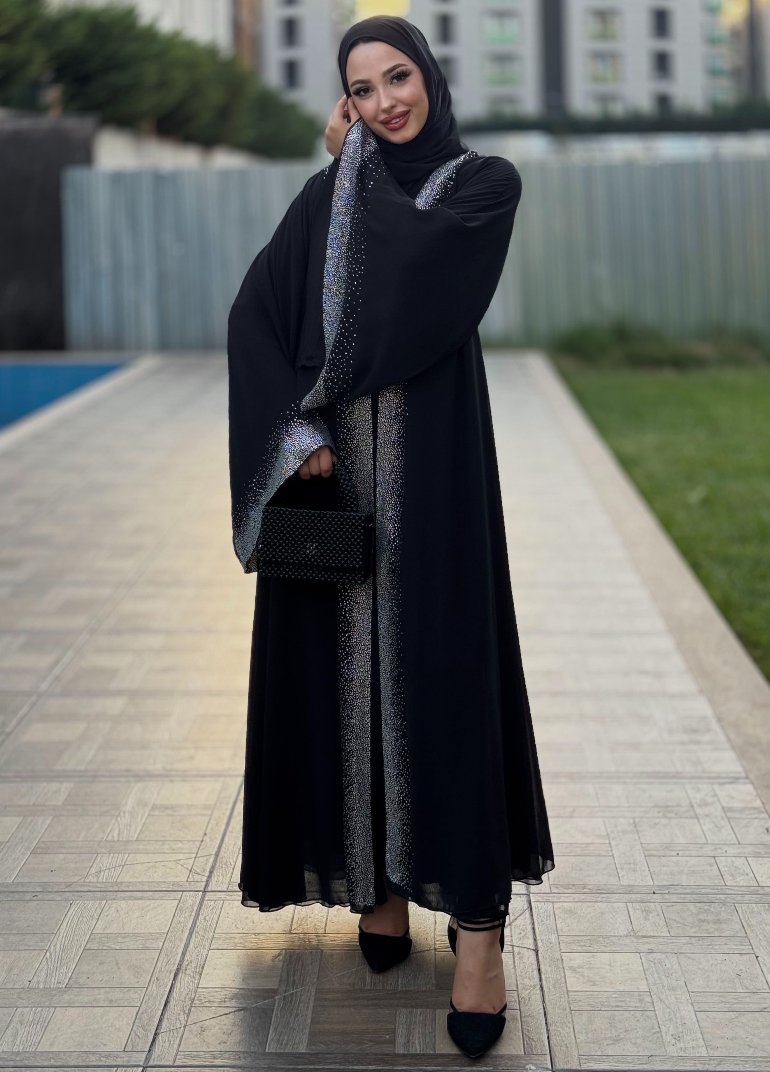 Shiny Stylish Abaya with Stones on the Front