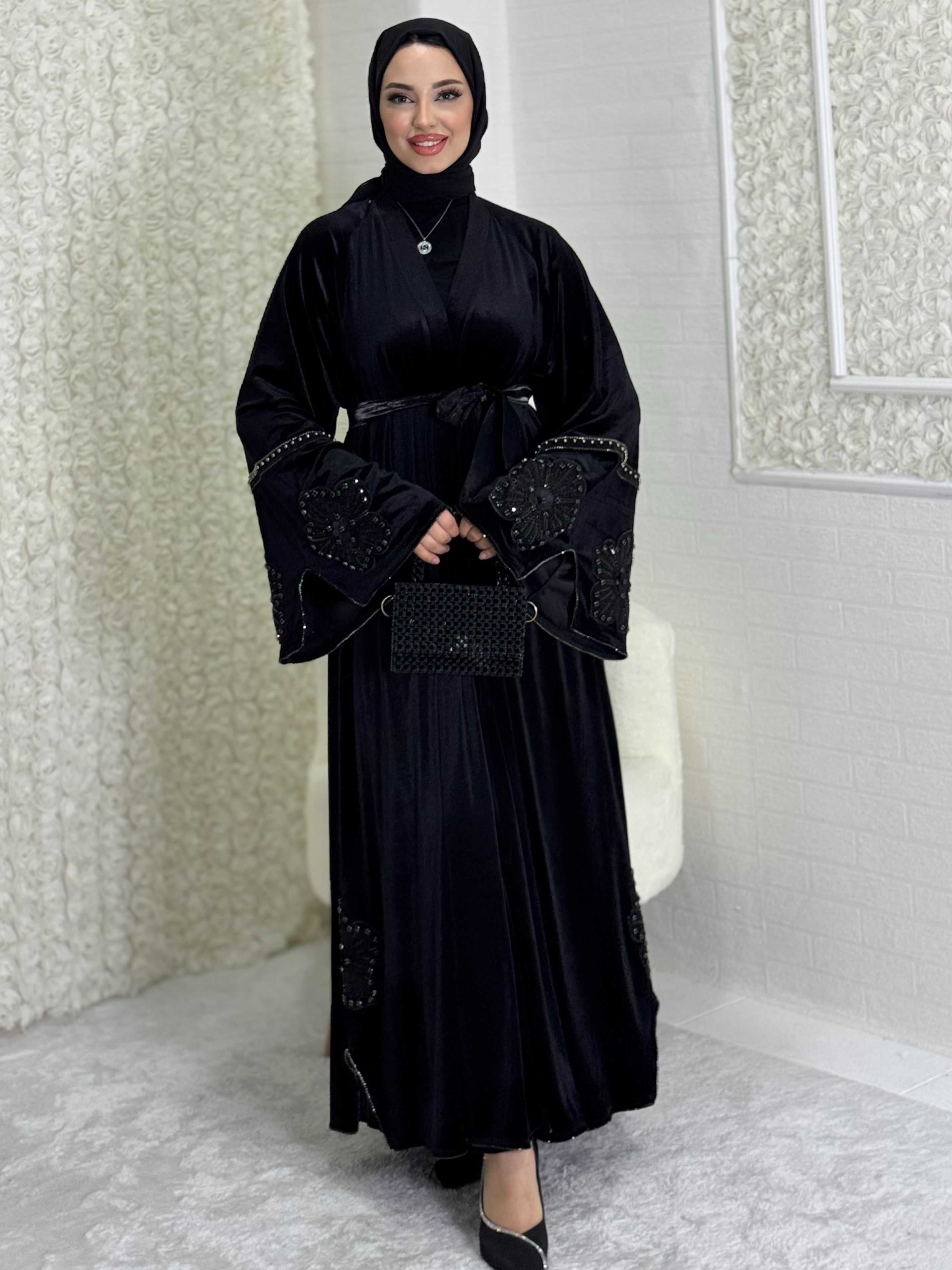 Black Stylish Abaya with Flower Detail on Sleeves