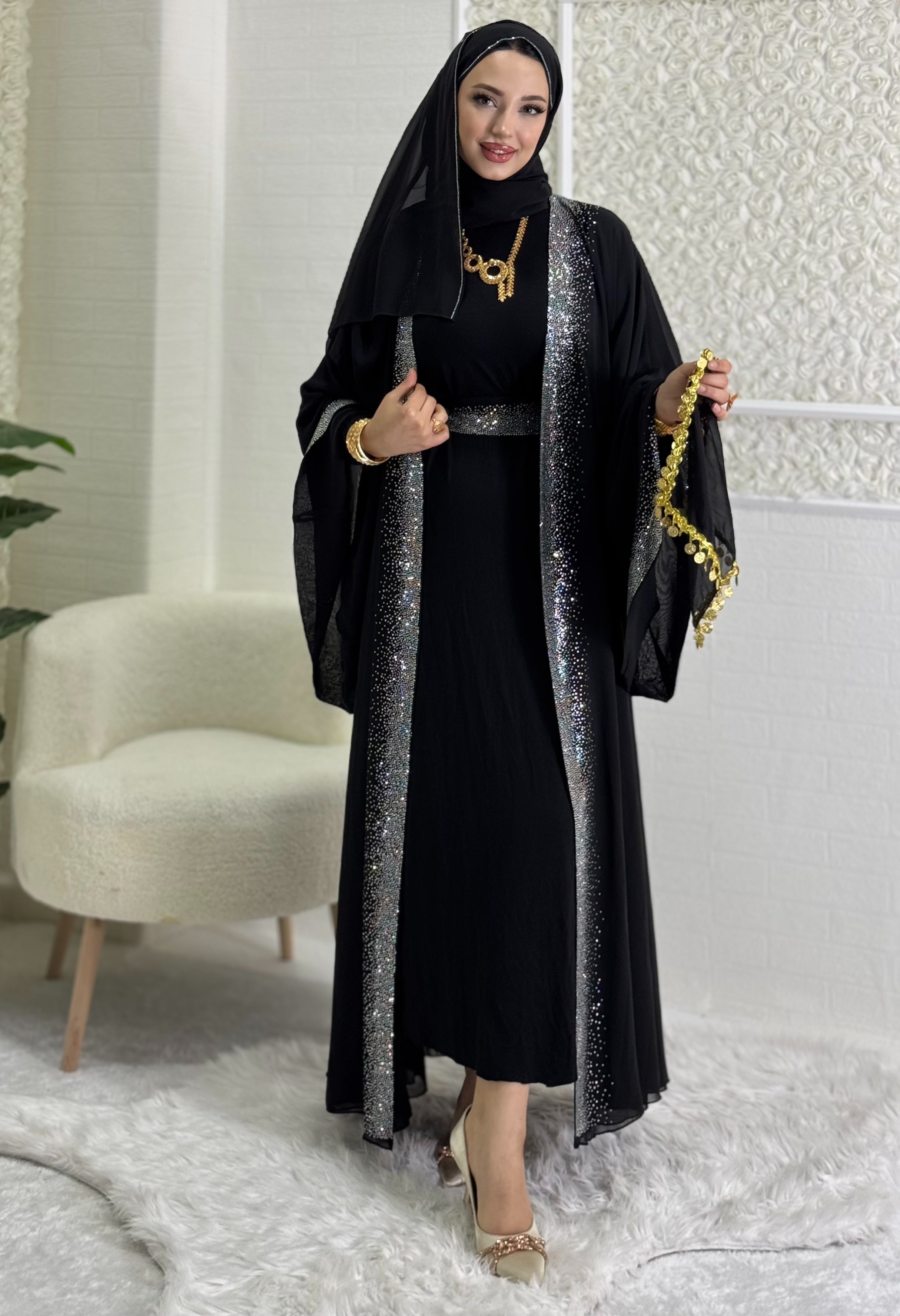 Shiny Stylish Abaya with Stones on the Front