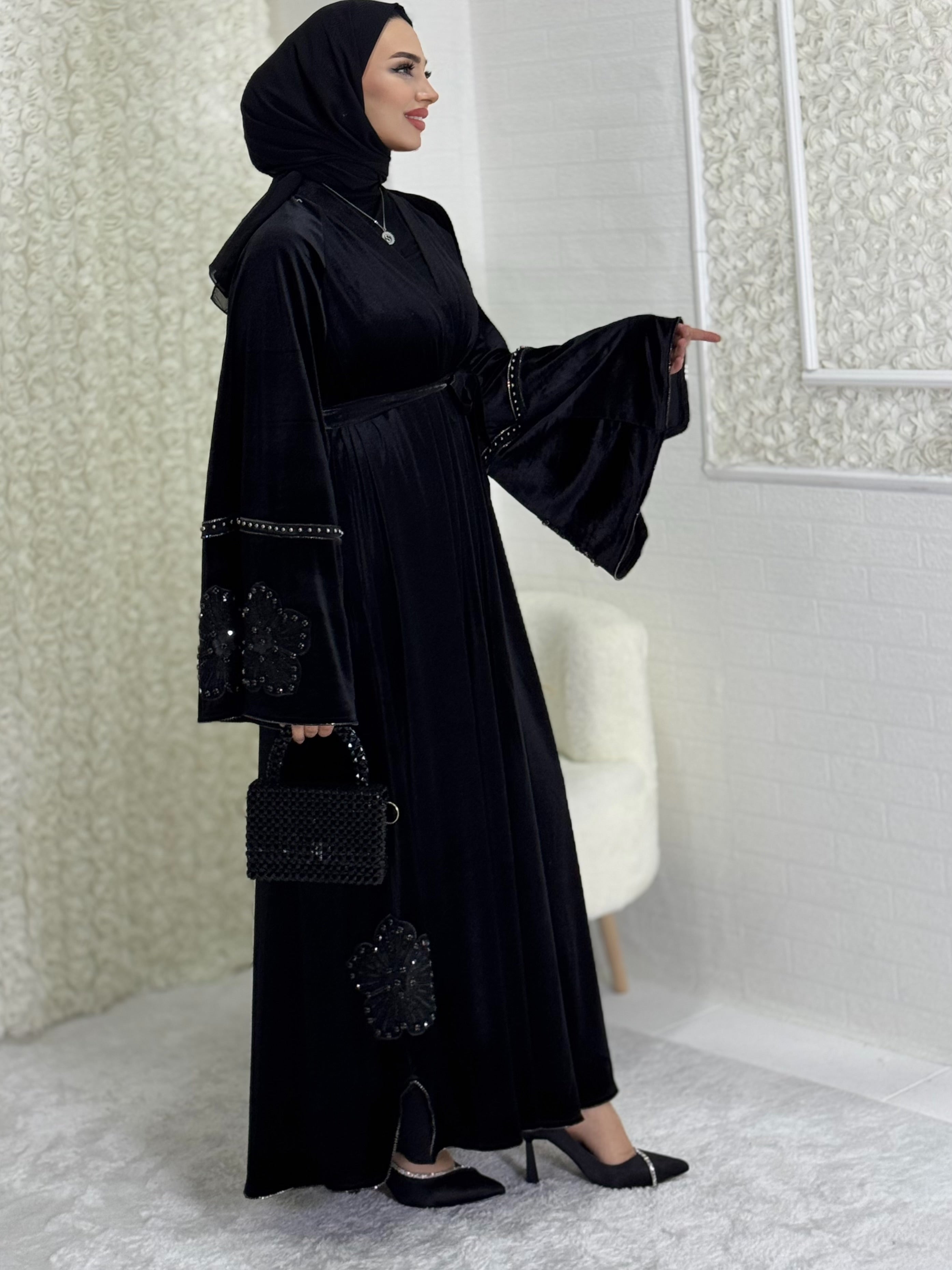 Black Stylish Abaya with Flower Detail on Sleeves