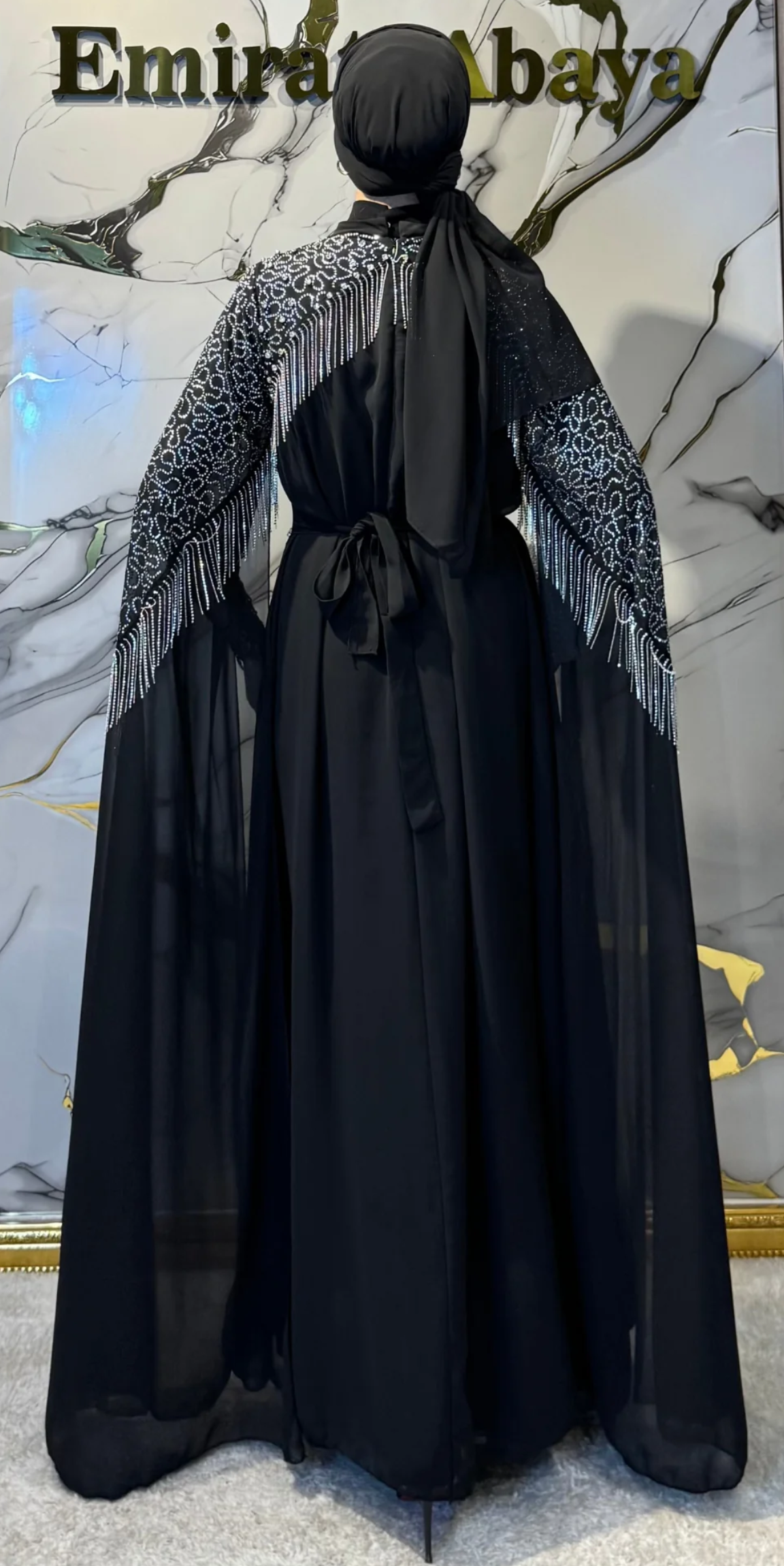 Black Chiffon Long-Sleeved Abaya with White Stone Embellishments | WS56 WSB