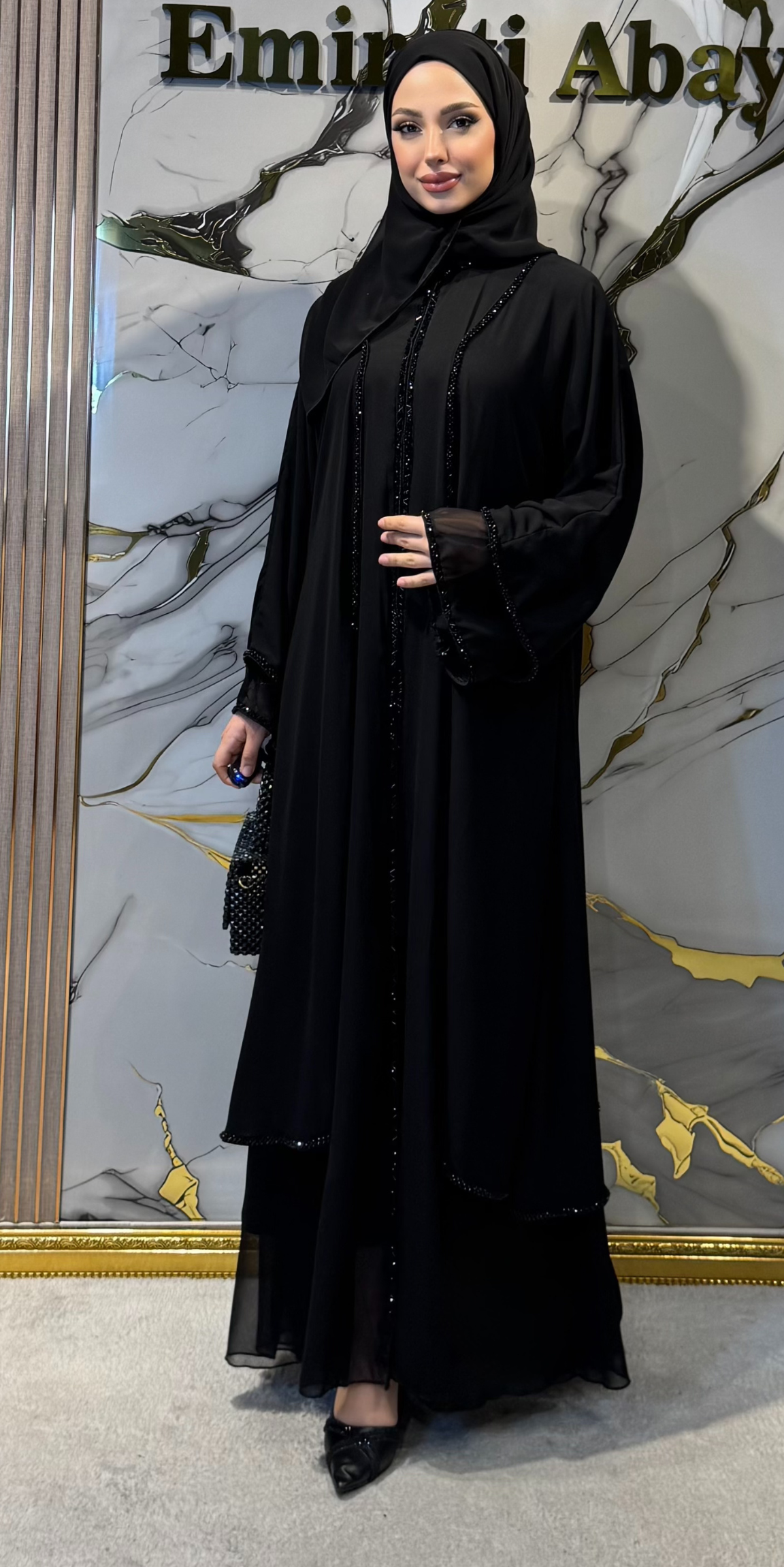 El İşçiliği Siyah Boncuklu Abaya M12 BS Black - Kopçalı Zarif Model