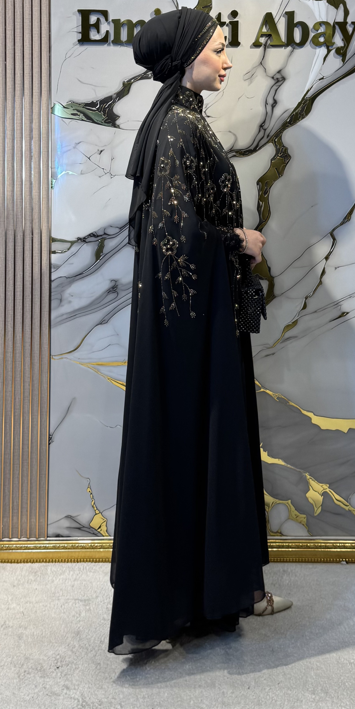 Kolsuz Şifon Abaya Gold Çiçek Taş İşlemeli | LY44 GSB