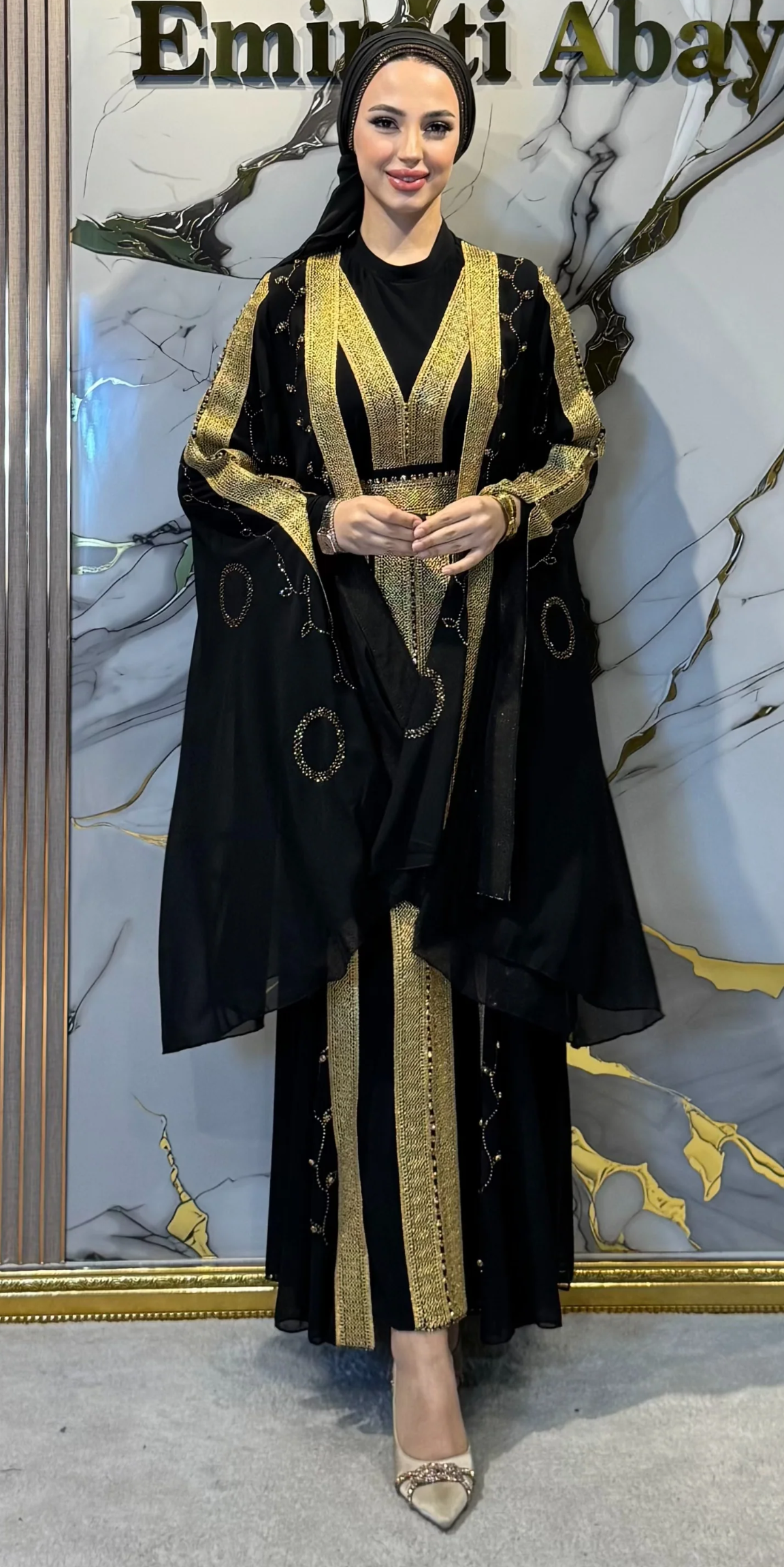 Gold Embellished Ribbon Detail Butterfly Sleeve Black Abaya Set - 4-Piece Luxury Set (Includes Shawl, Belt and Undershirt) WS46 GSB