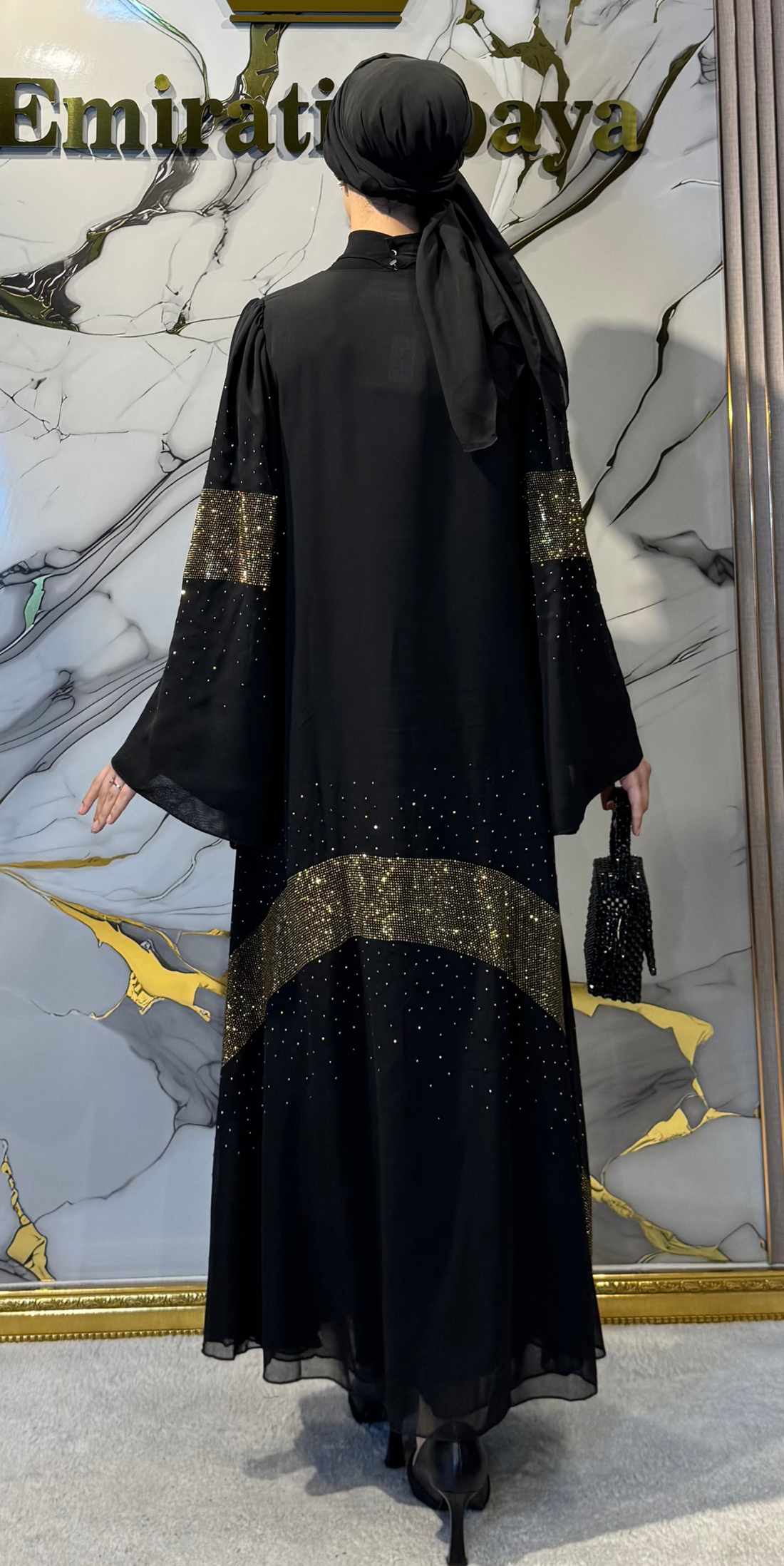 Çapraz Gold Taşlı Siyah Şifon Abaya | Lüks Düğün Abayası