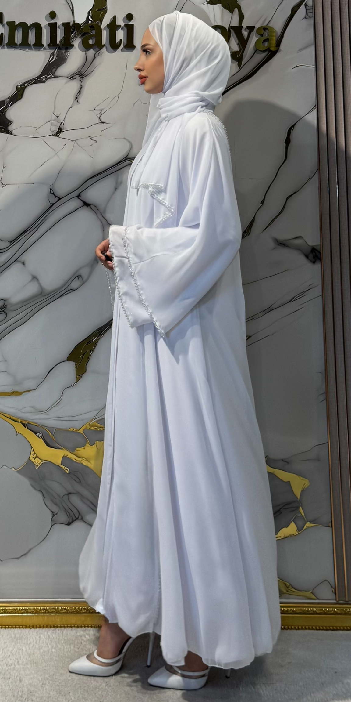 White Abaya with Front Slit and Beads TM06 HM WHITE