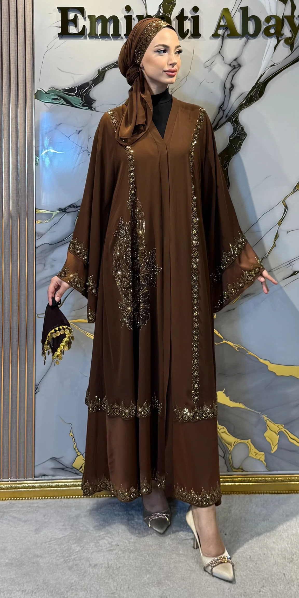 Gold Taş İşlemeli İki Katlı Zara Saten Abaya | LY23 GSK