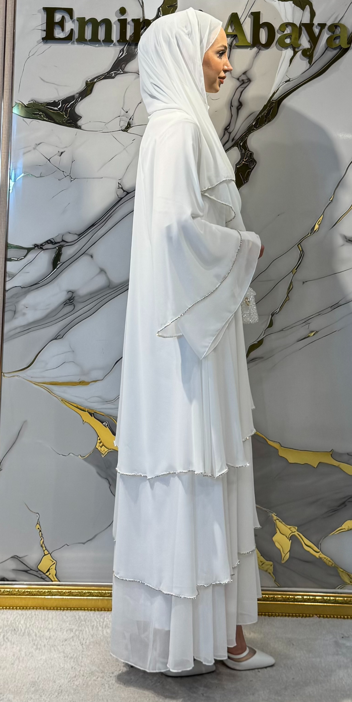 Three-Layer White Chiffon Abaya RK011 WHITE - Elegant Model Including Snap Fastener Shawl and Belt