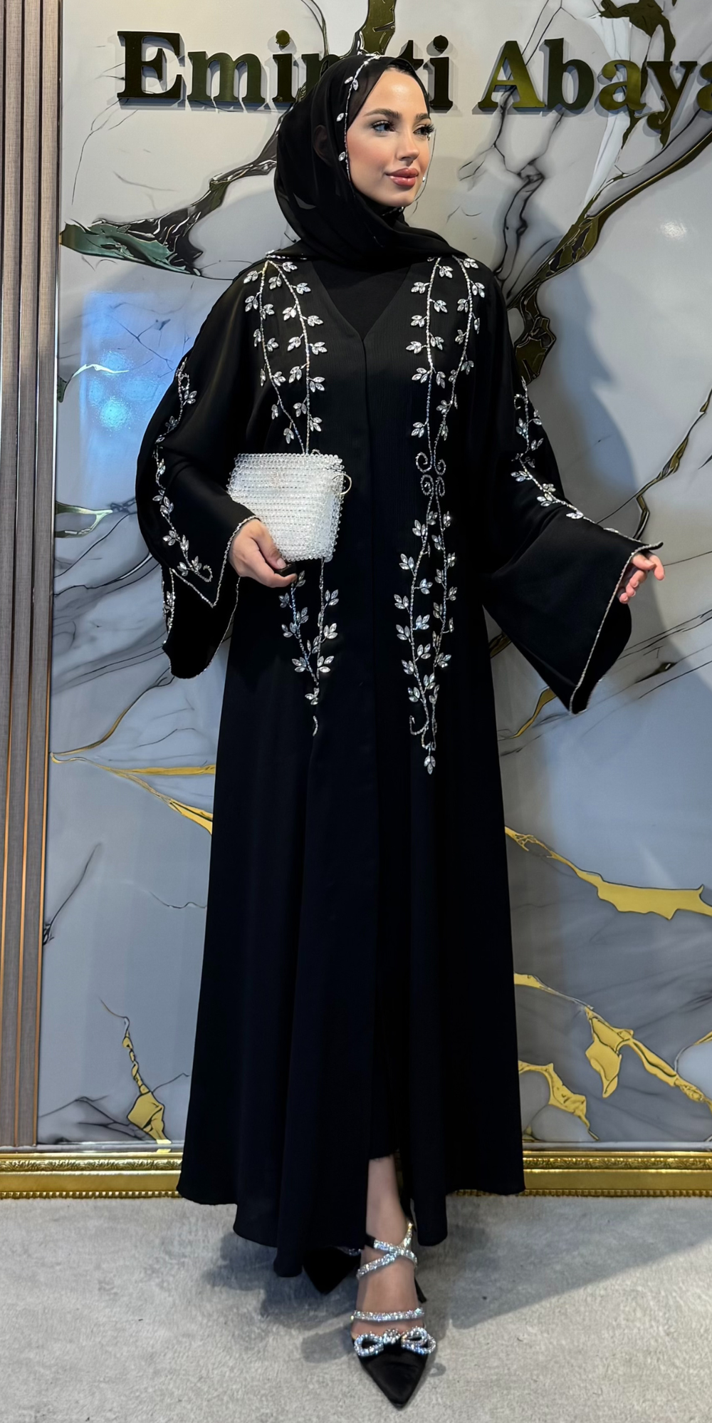 El Yapımı Swarovski Kristal Taşlı Dubai Stil Siyah Abaya | EF0020 WSB