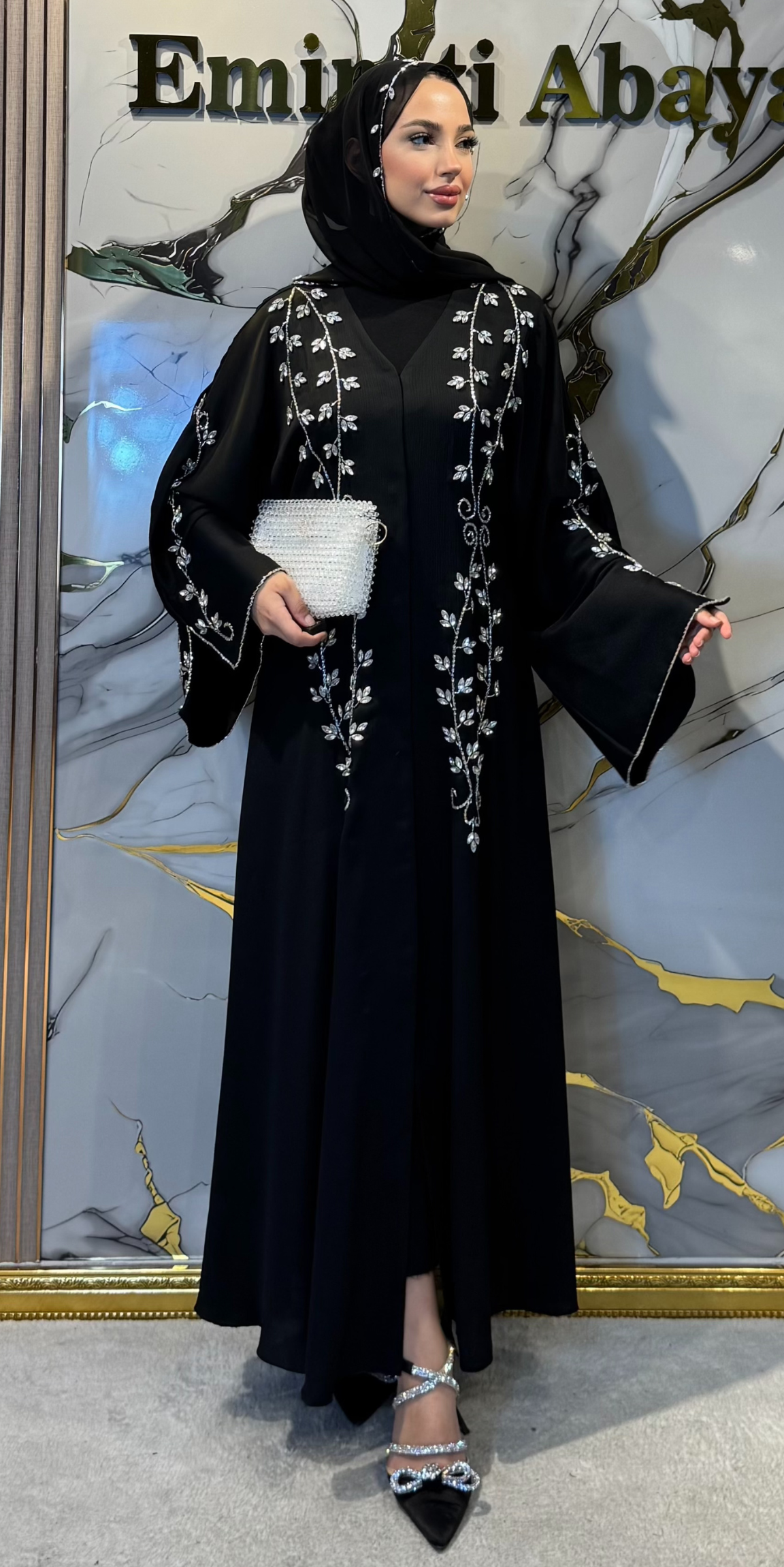 Handmade Dubai Style Black Abaya with Swarovski Crystals