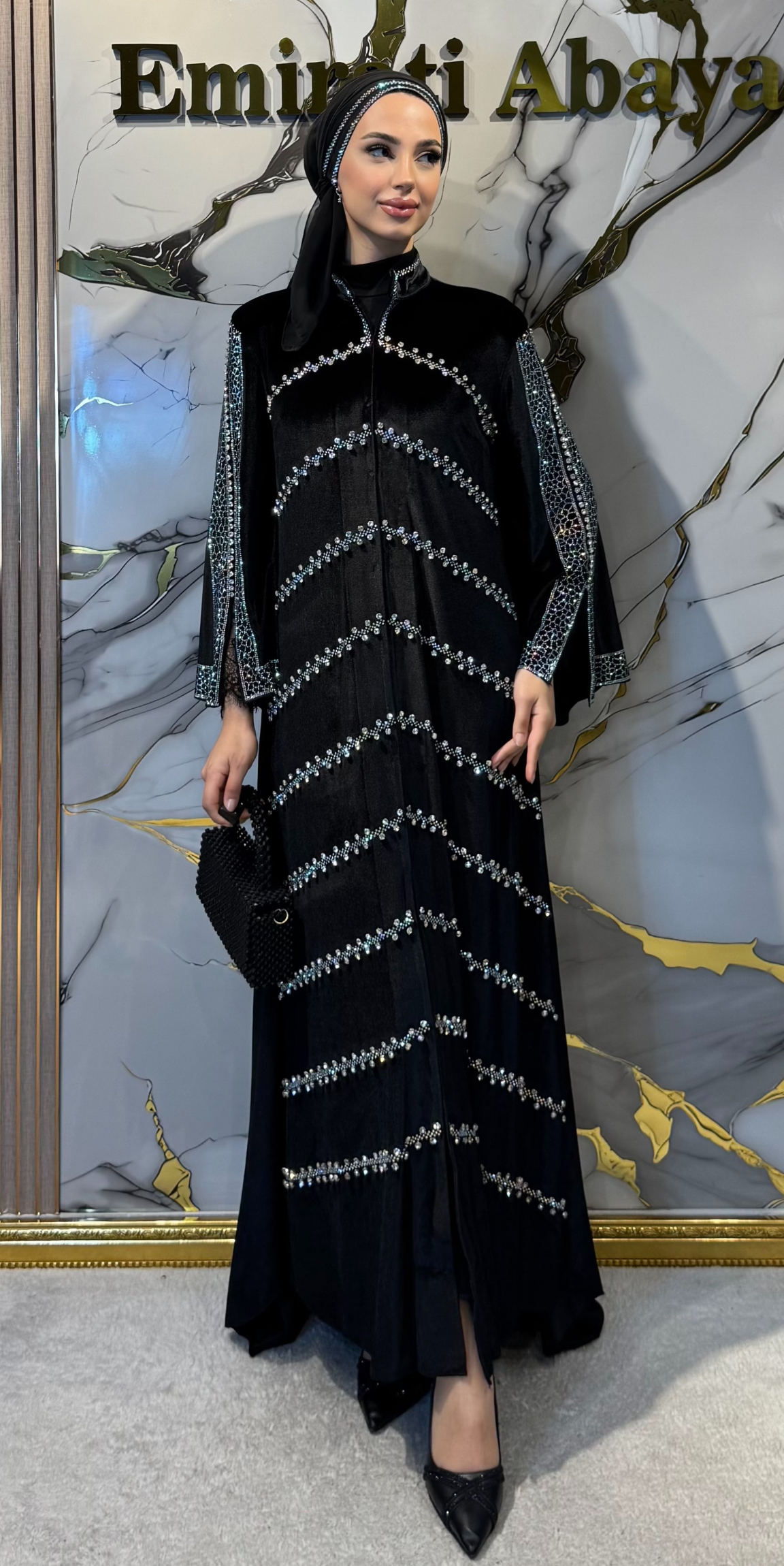 Jan Jan Taşlı Siyah Kadife Dubai Stil Abiye | WS15 JSVB