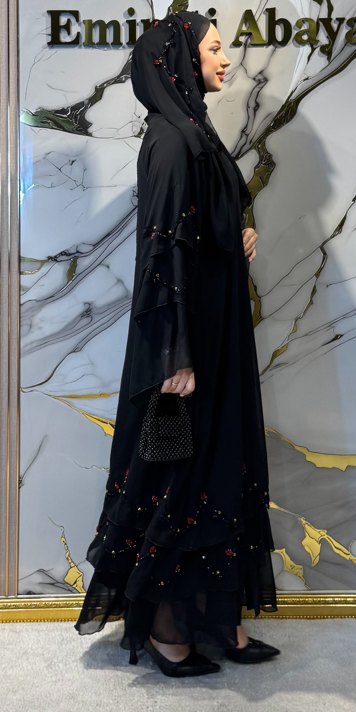 Hand-Embroidered Red Stone Embellished Chiffon Abaya - Wedding and Special Occasion M1 RedSB