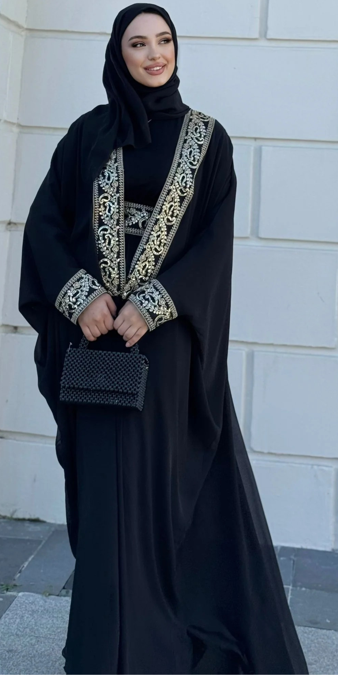 Black Traditional Abaya with Gold Pattern Front TM087 - 4-Piece Set (Includes Shawl, Belt and Inner Top)