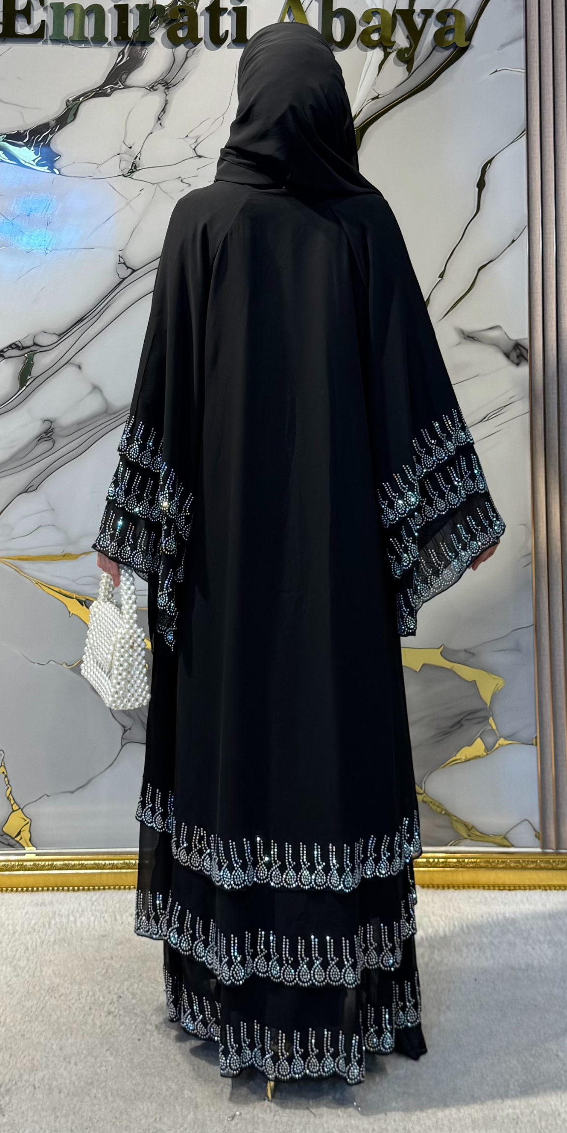 Etek Uçları Swarovski Taşlı Abaya TM07 WSB - Düğmeli Şal Dahil Lüks Model