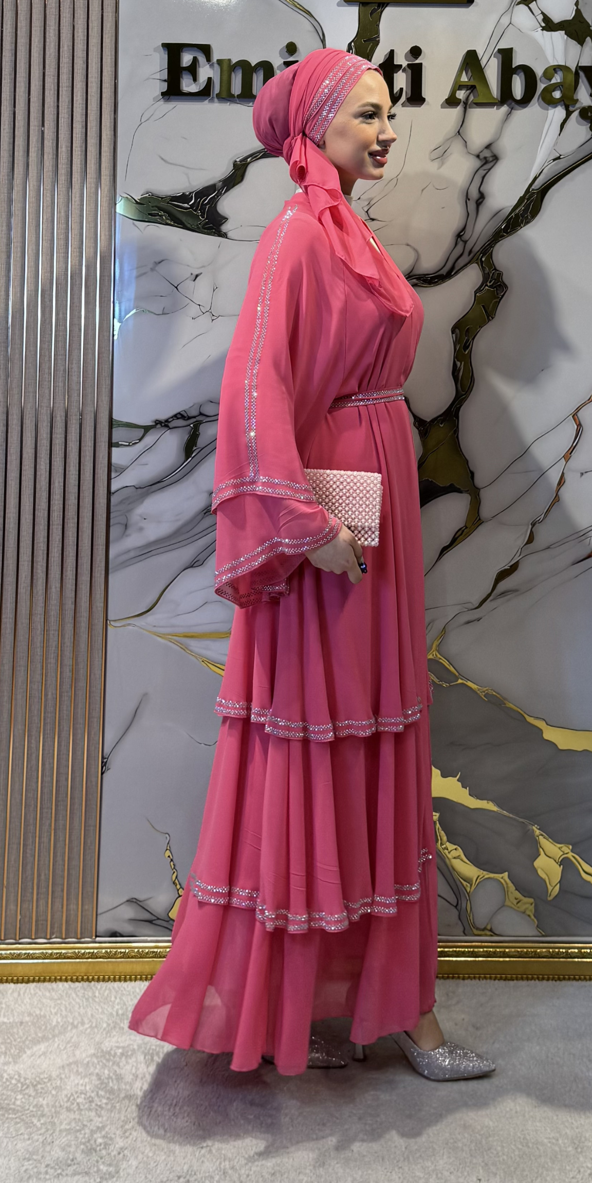 Three-Layer Pink and White Embellished Chiffon Abaya - Belt and Shawl Included | TM44 WSP
