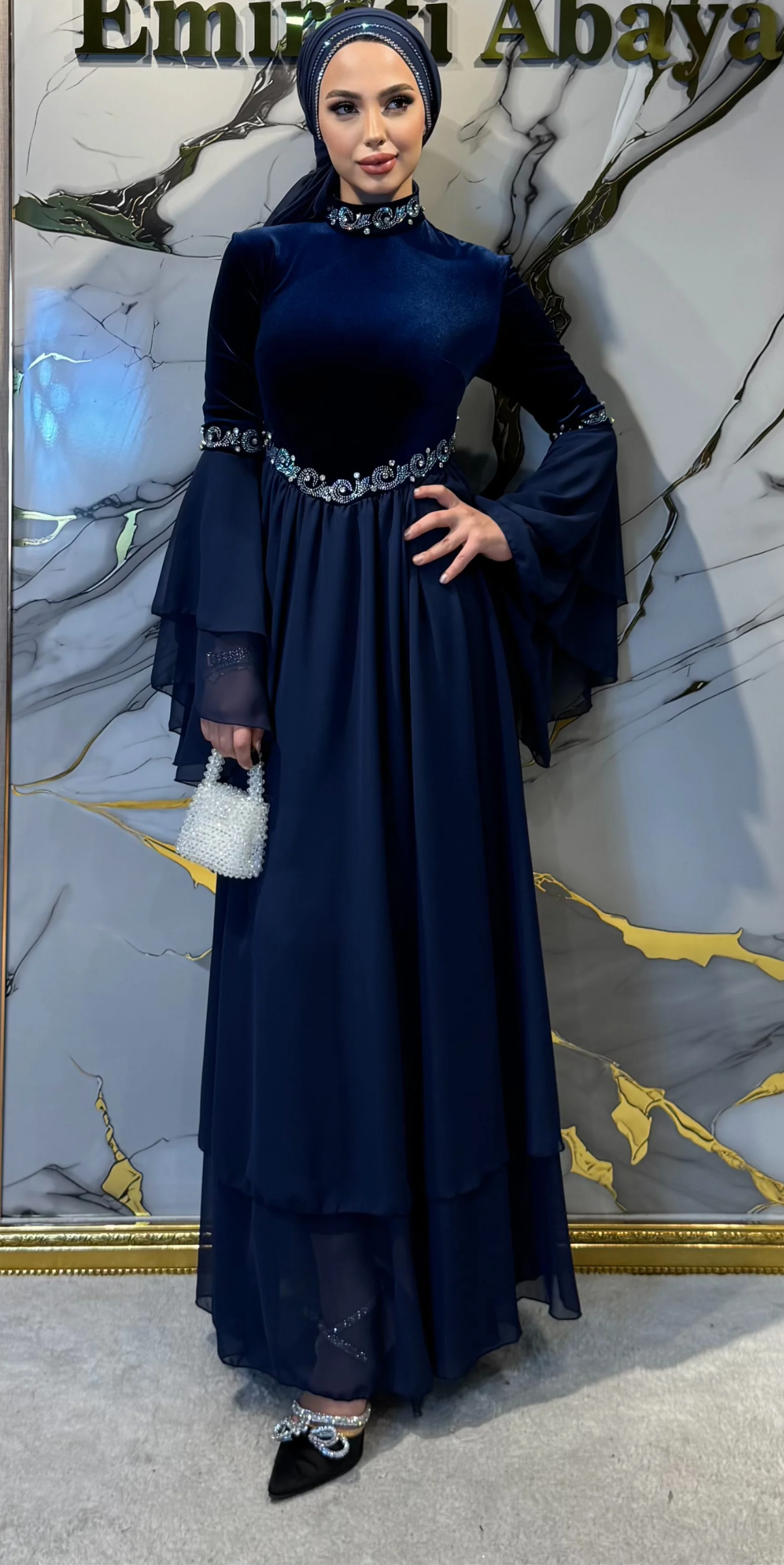 Royal Midnight Serenade Navy Blue Velvet Chiffon Abaya LY21 JSVL - Luxury Model Including Embellished Shawl