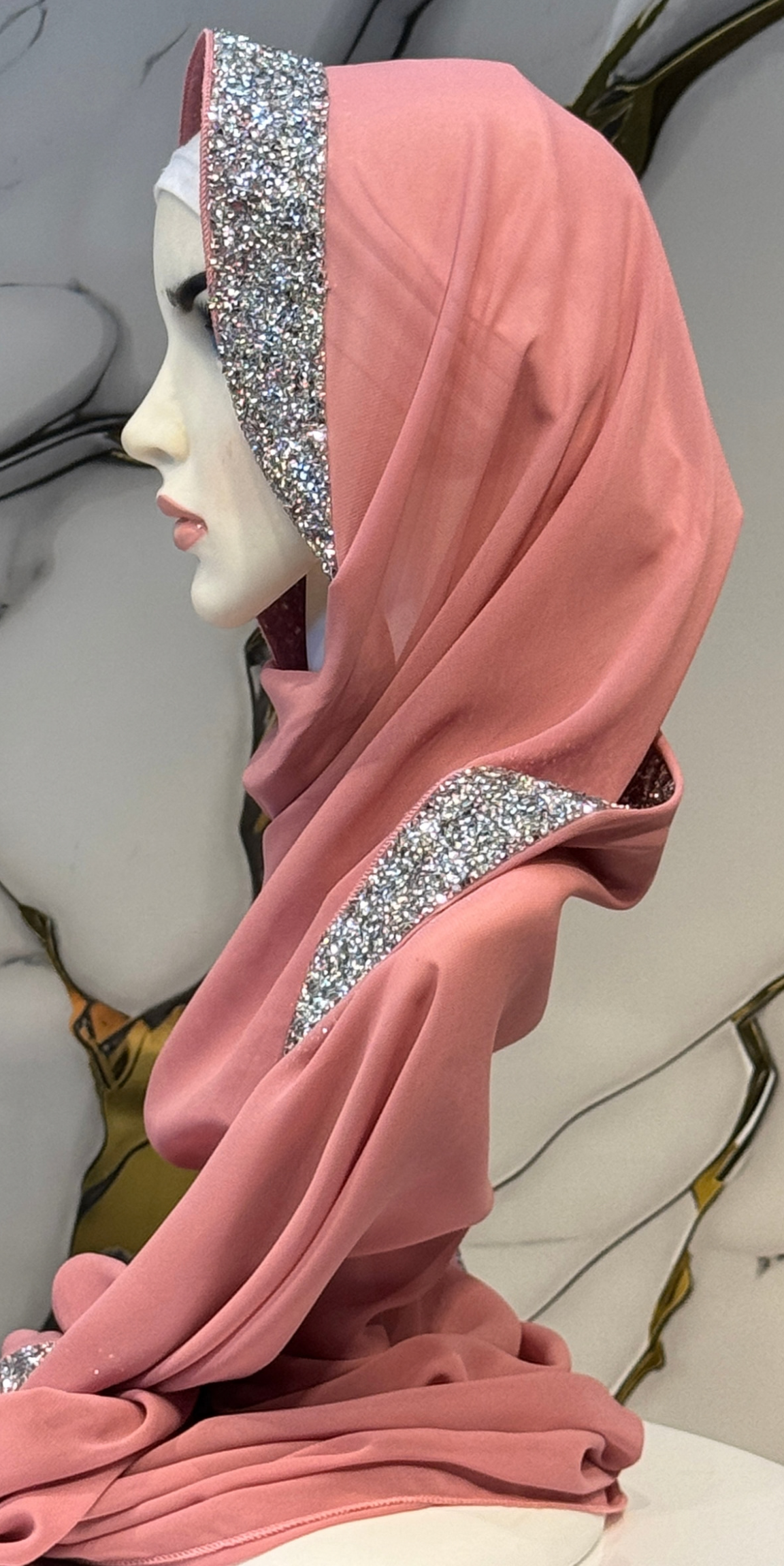 Gümüş Taşlı Pembe Şifon Şal Emirati Abaya | ŞAL101 WSP