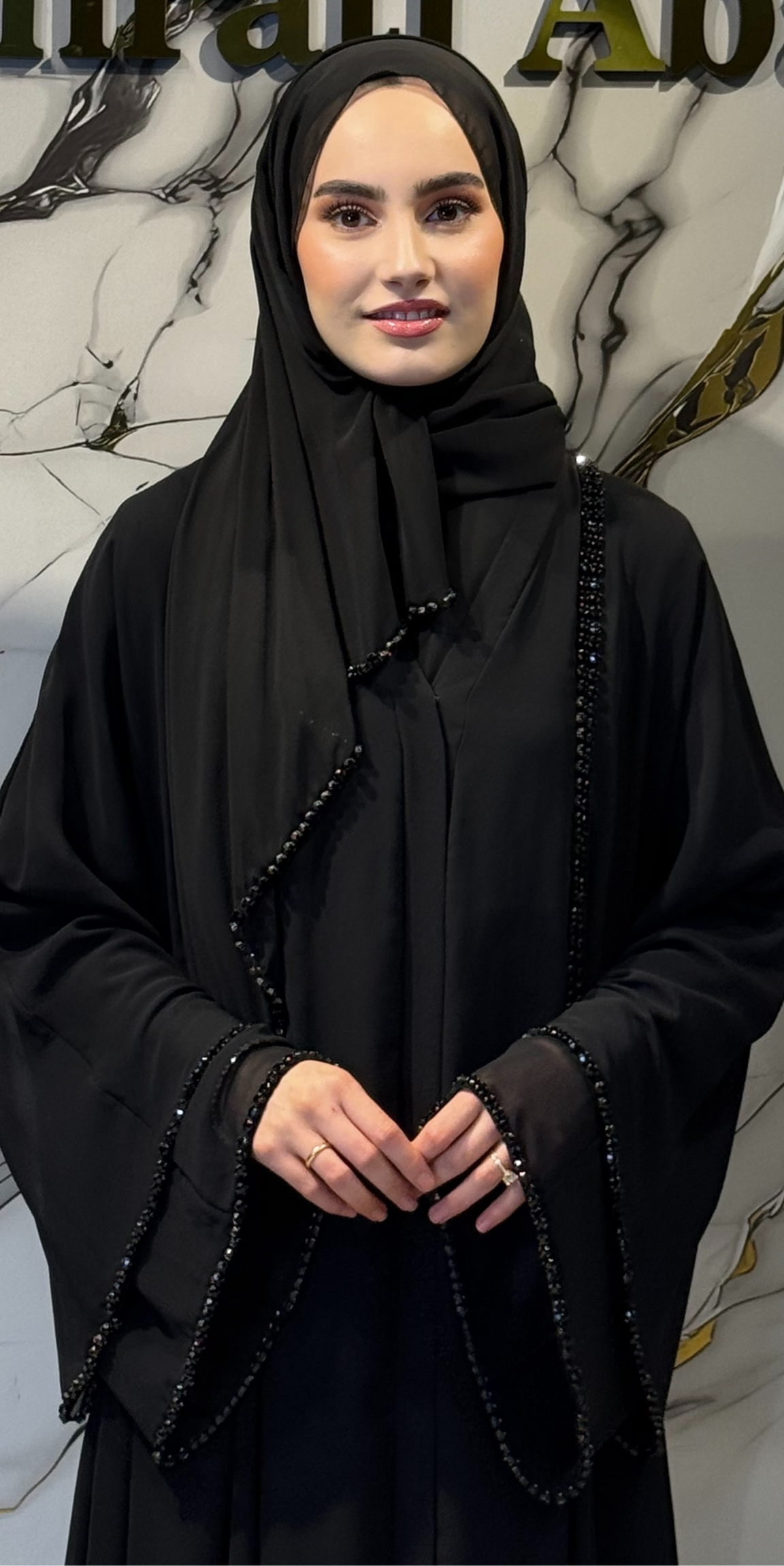 Black Abaya with Front Slit and Stone Embellishing Chiffon - Elegant Luxury Model TM06 C BSB