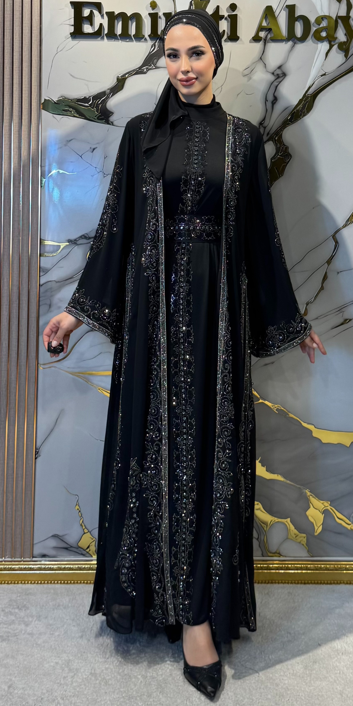 Black Korean Chiffon Traditional Abaya with Hematite and Swarovski Crystals