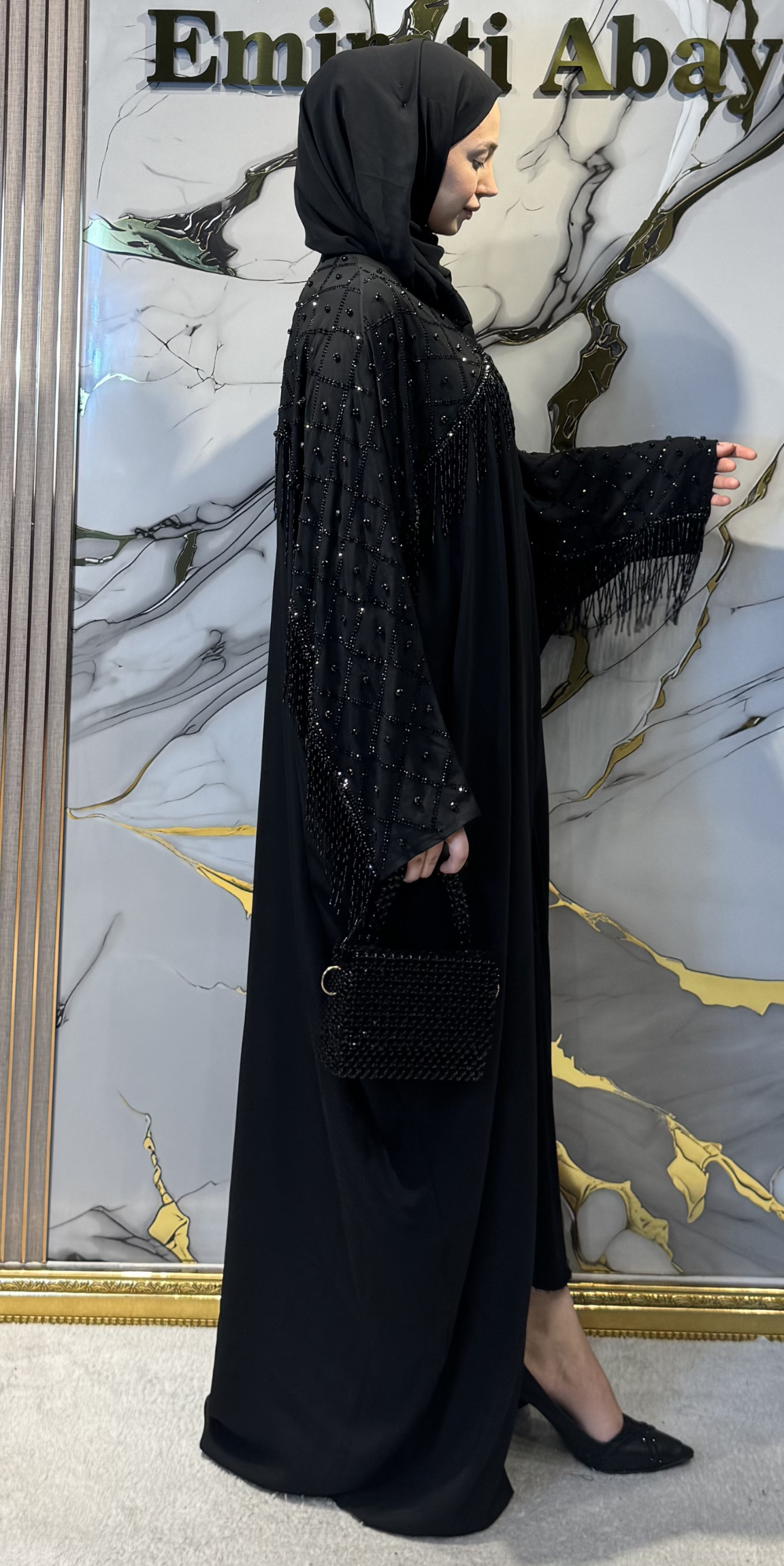 Siyah Taş İşlemeli Yarasa Kol Abaya TM80 BSB