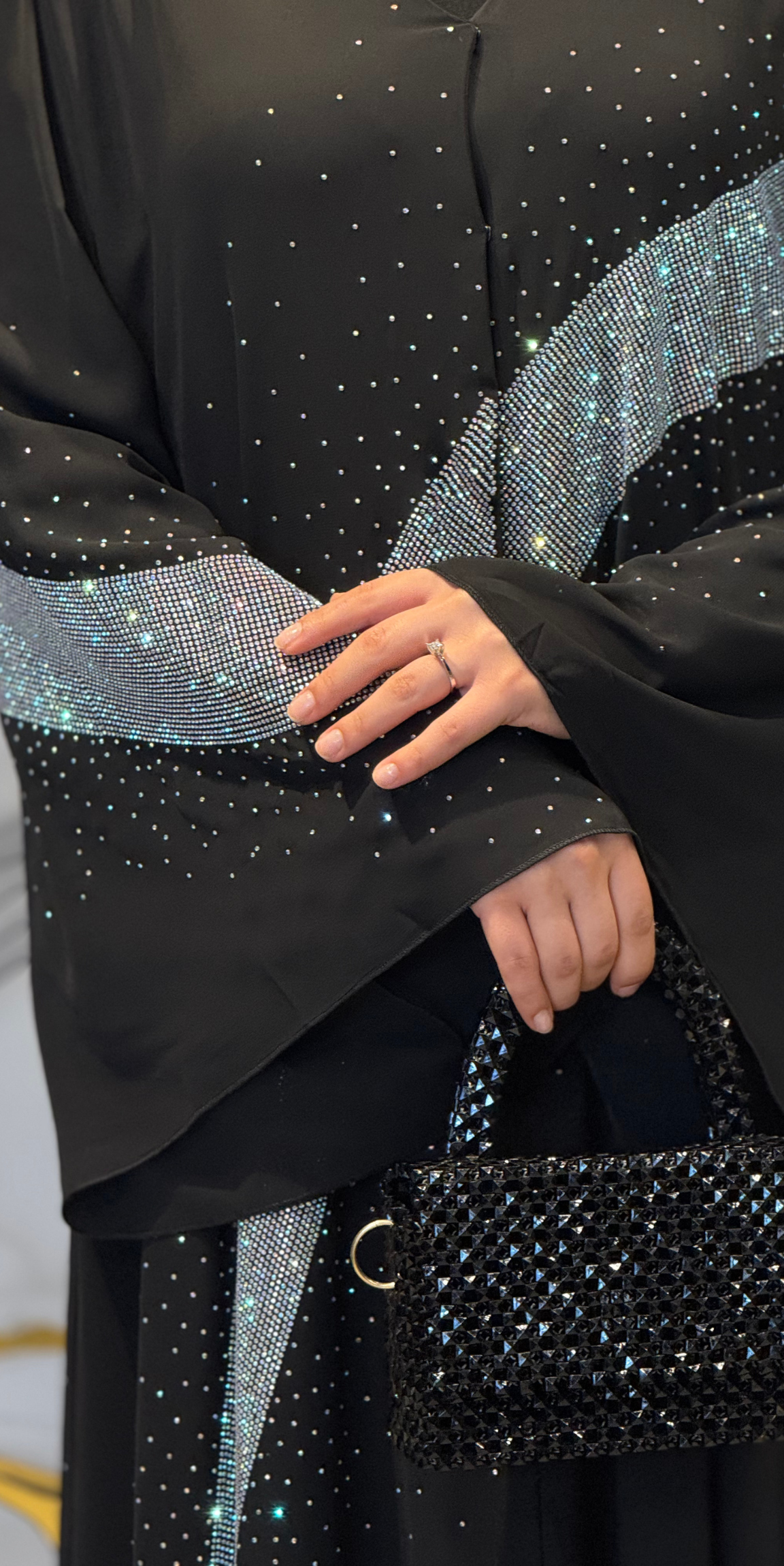 Çapraz Janjan Taşlı Siyah Şifon Abaya | Işıltılı Düğün Abayası TM35 JSDB