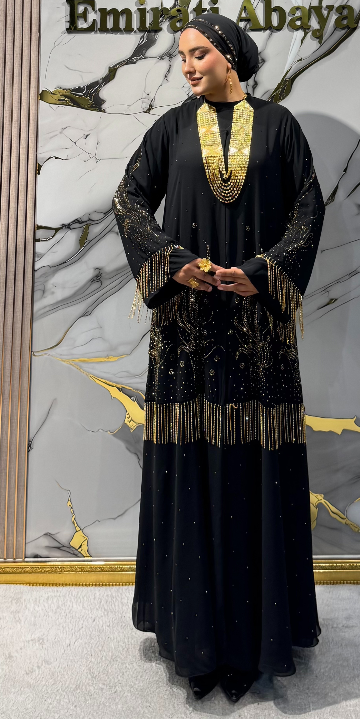 Yapışkan Gold Taşlı Şifon Abaya - Püskül Detaylı | LY62 GSB