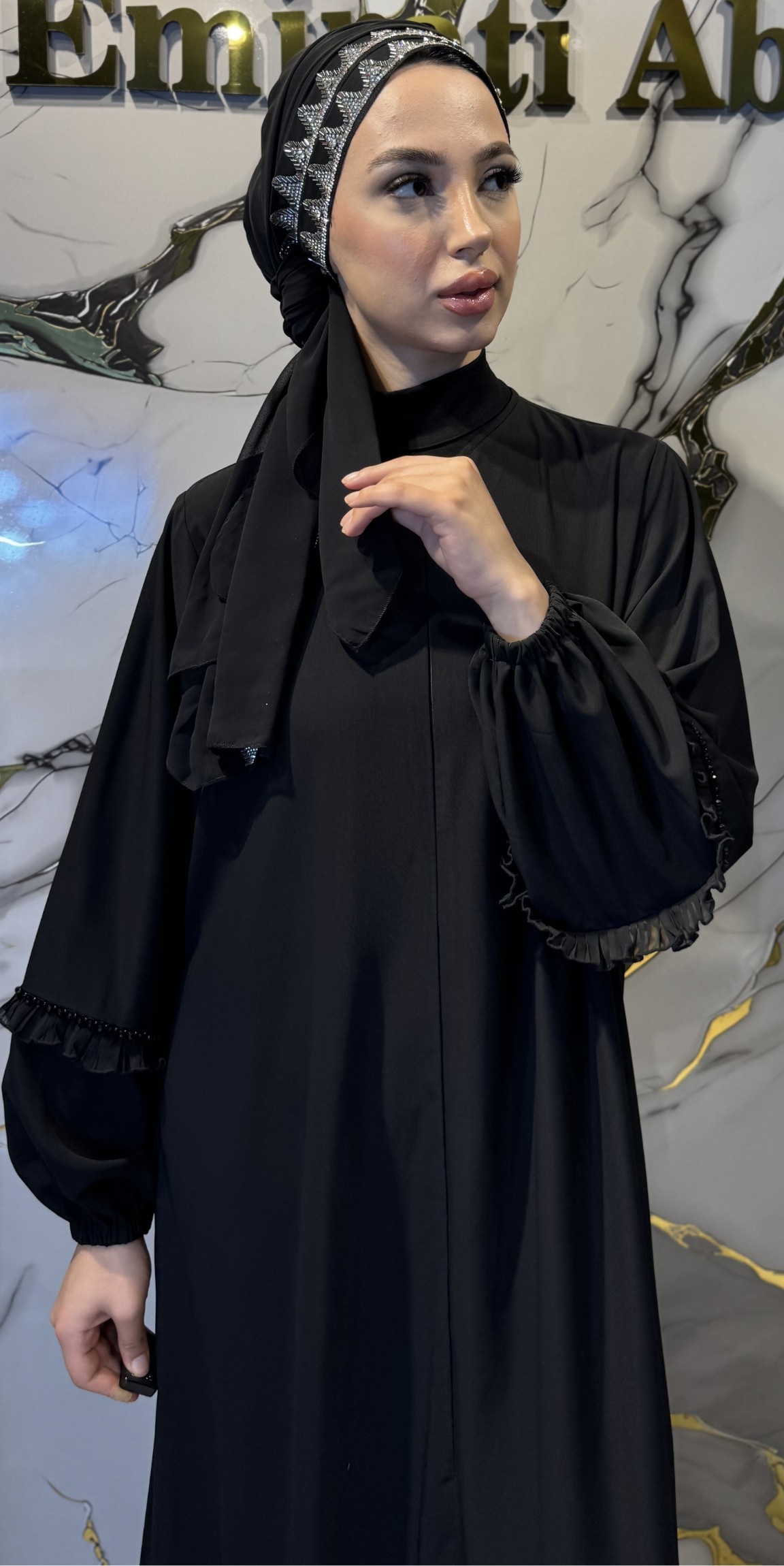 Front Hematite Stone Embellished Chiffon Scarf 180x75cm SHAWL17 HSB - Elegant Edge Detail Model