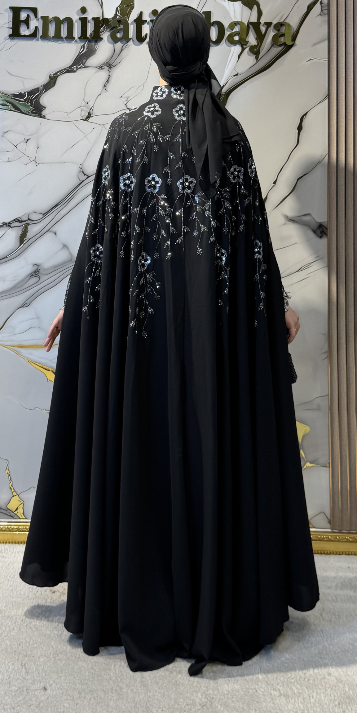 Black Korean Chiffon Abaya LY44 WSB with Hematite and Swarovski Crystals - 3-Piece Luxury Set (Includes Shawl and Undershirt)