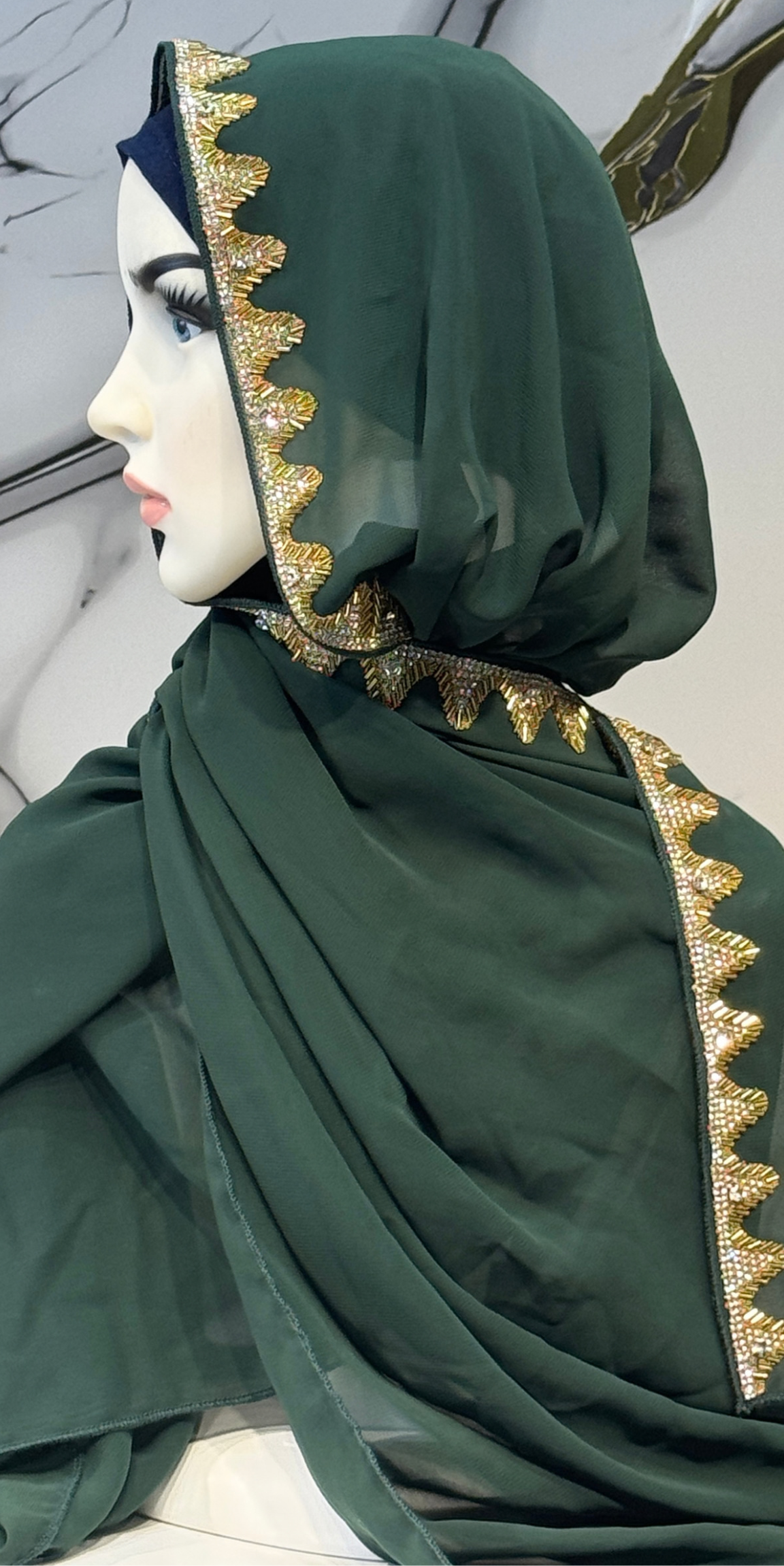 Altın Taşlı Zümrüt Yeşili Şifon Şal Emirati Abaya | ŞAL17 GSGREEN