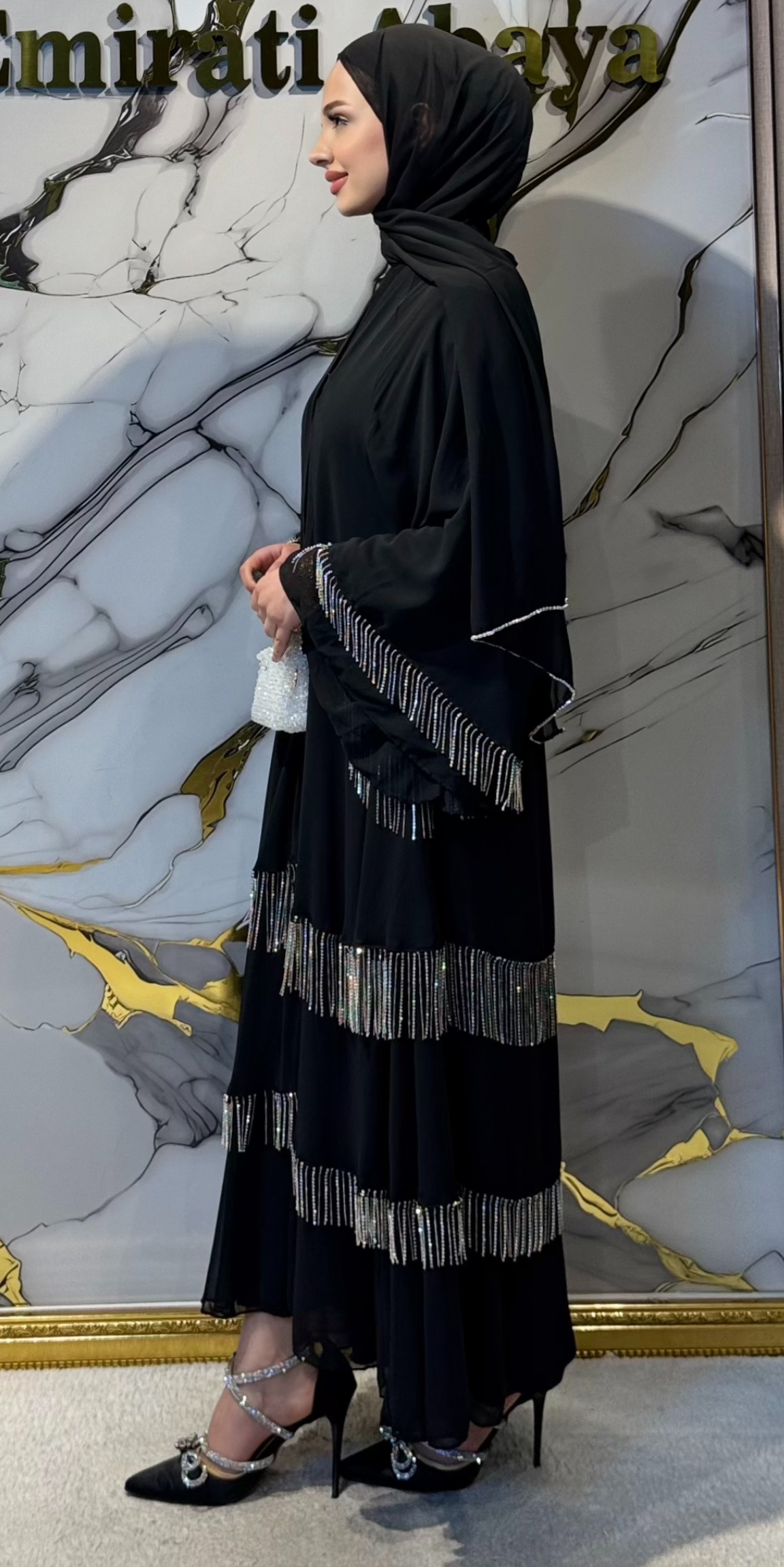 Etek Uçları Kristal Püsküllü Üç Katlı Abaya RK011 Püskül Black - Çıtçıtlı Zarif Model