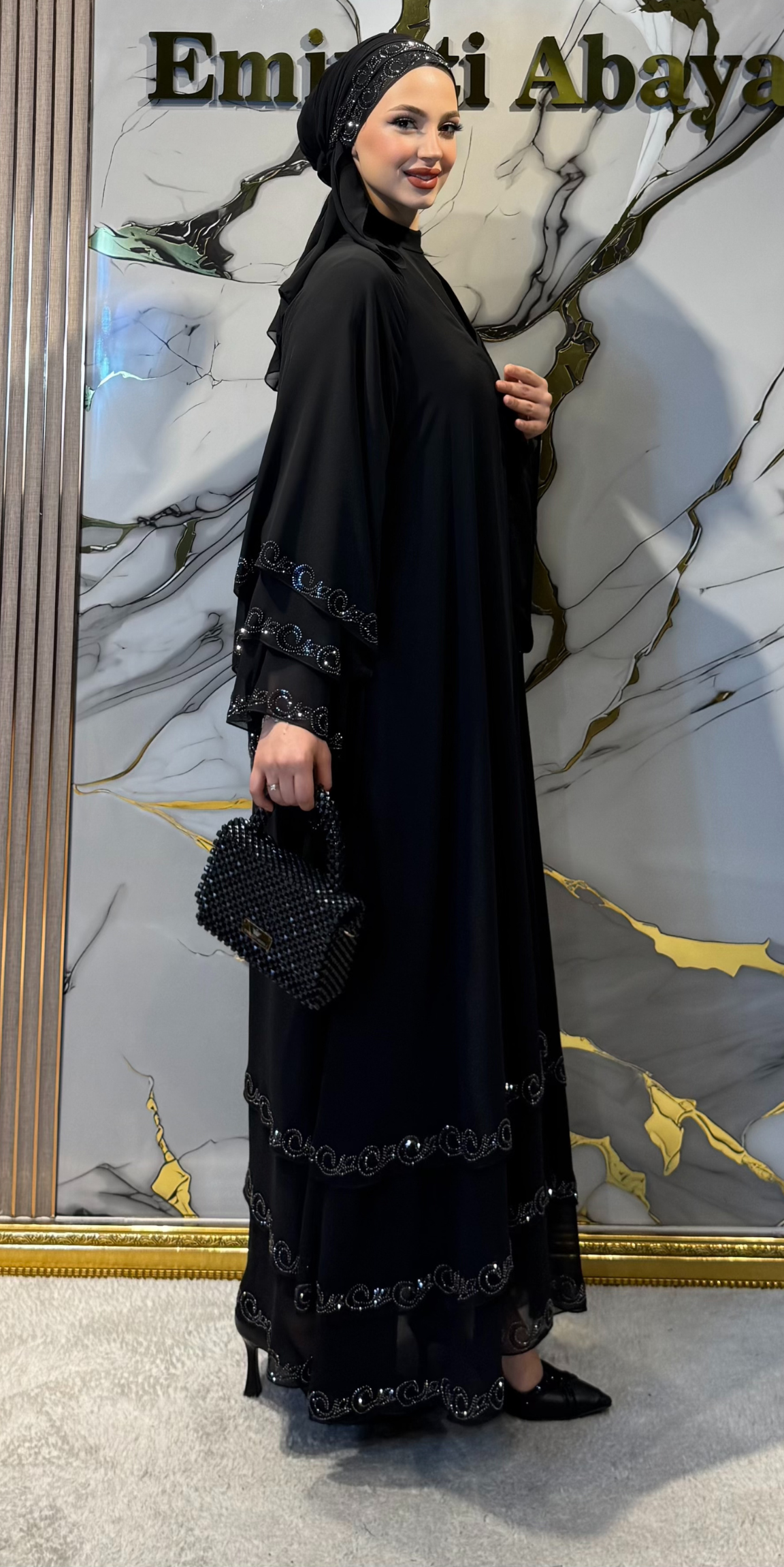 Three-Layer Hematite Stone Embellished Black Chiffon Abaya | LY02 HSB