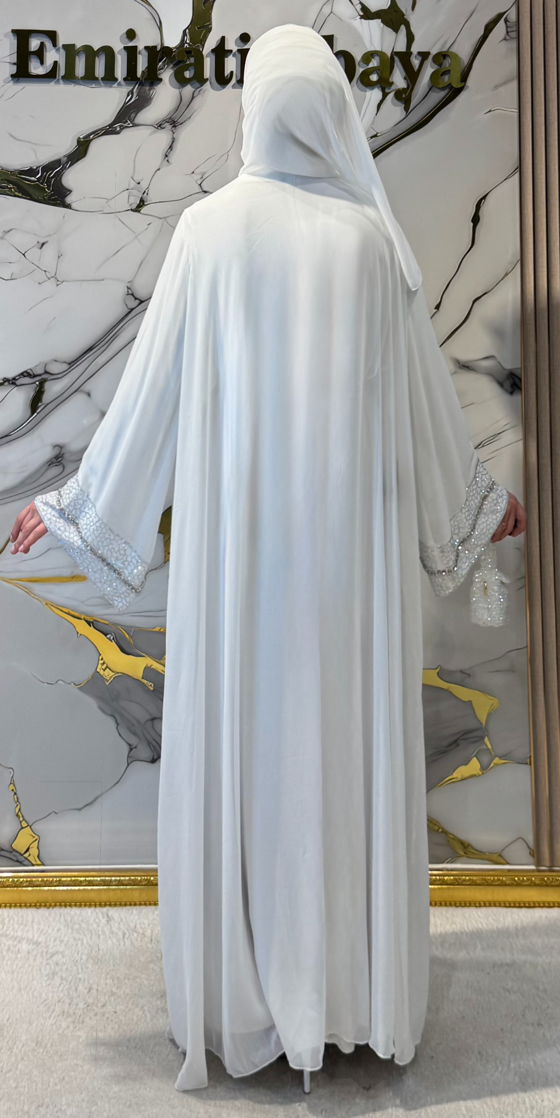 Traditional White Abaya Set with Crystal Embellishments WS31 - 4-Piece Set (Includes Undershirt, Shawl, and Belt)