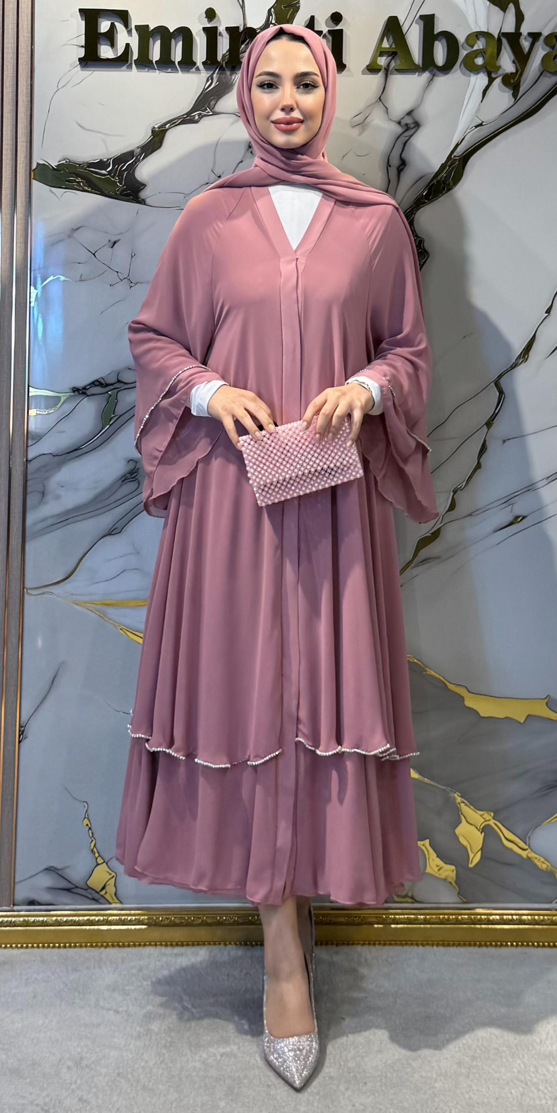 Lüks Swarovski Taşlı İki Katlı Pembe Abaya - Zarif Özel Tasarım RK009 WSP