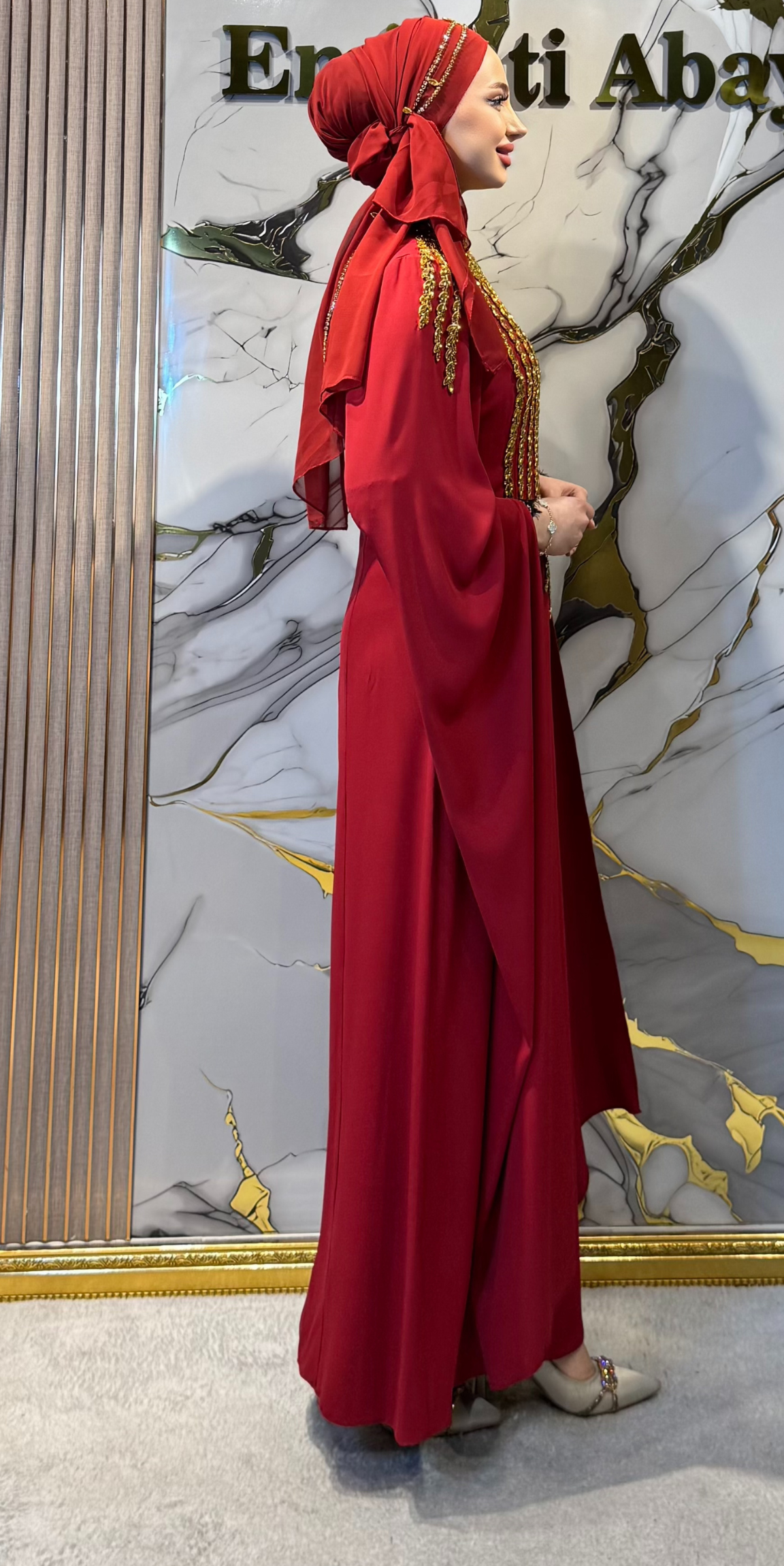 Handmade Gold Embellished Burgundy Dubai Fabric Abaya | Ef0019 GSD Bordo