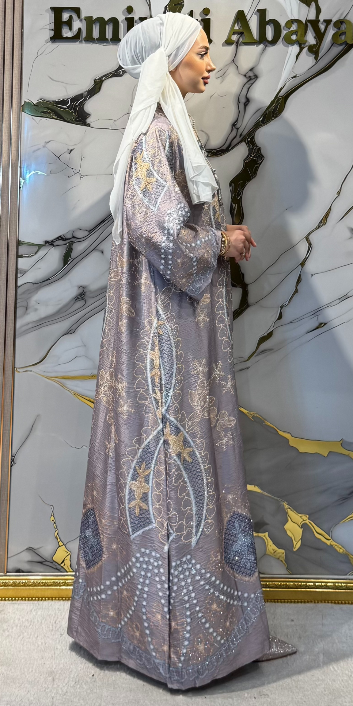 Çiçek Baskılı Kahverengi Jakar Günlük Abaya | KSA06 KAHVE
