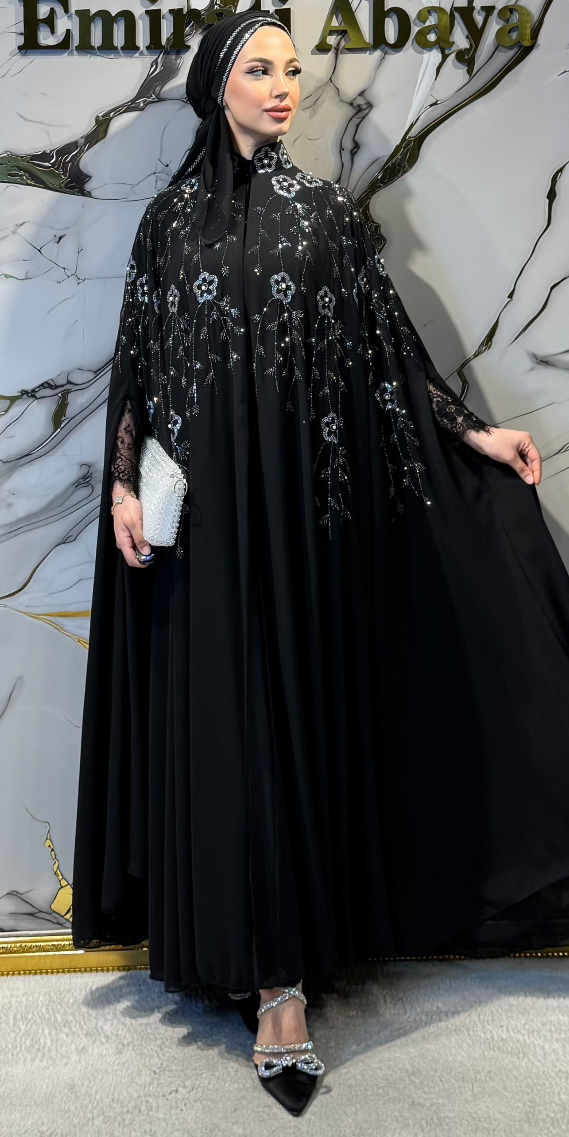 Black Korean Chiffon Abaya LY44 WSB with Hematite and Swarovski Crystals - 3-Piece Luxury Set (Includes Shawl and Undershirt)