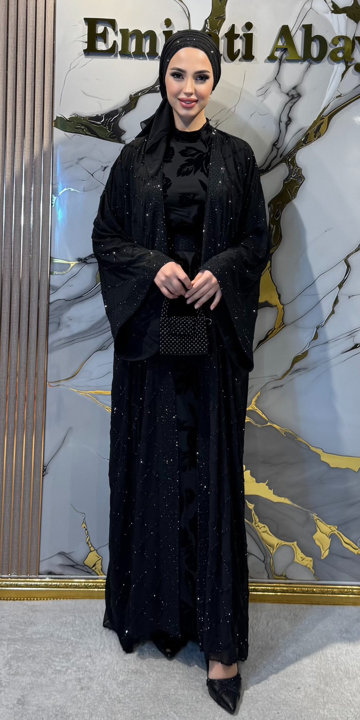 Emirati Swarovski Taşlı Siyah Kore Şifon Abaya LY33 BSB - 4 Parça Lüks Set (Şal, Kemer ve Flok İçlik Dahil)