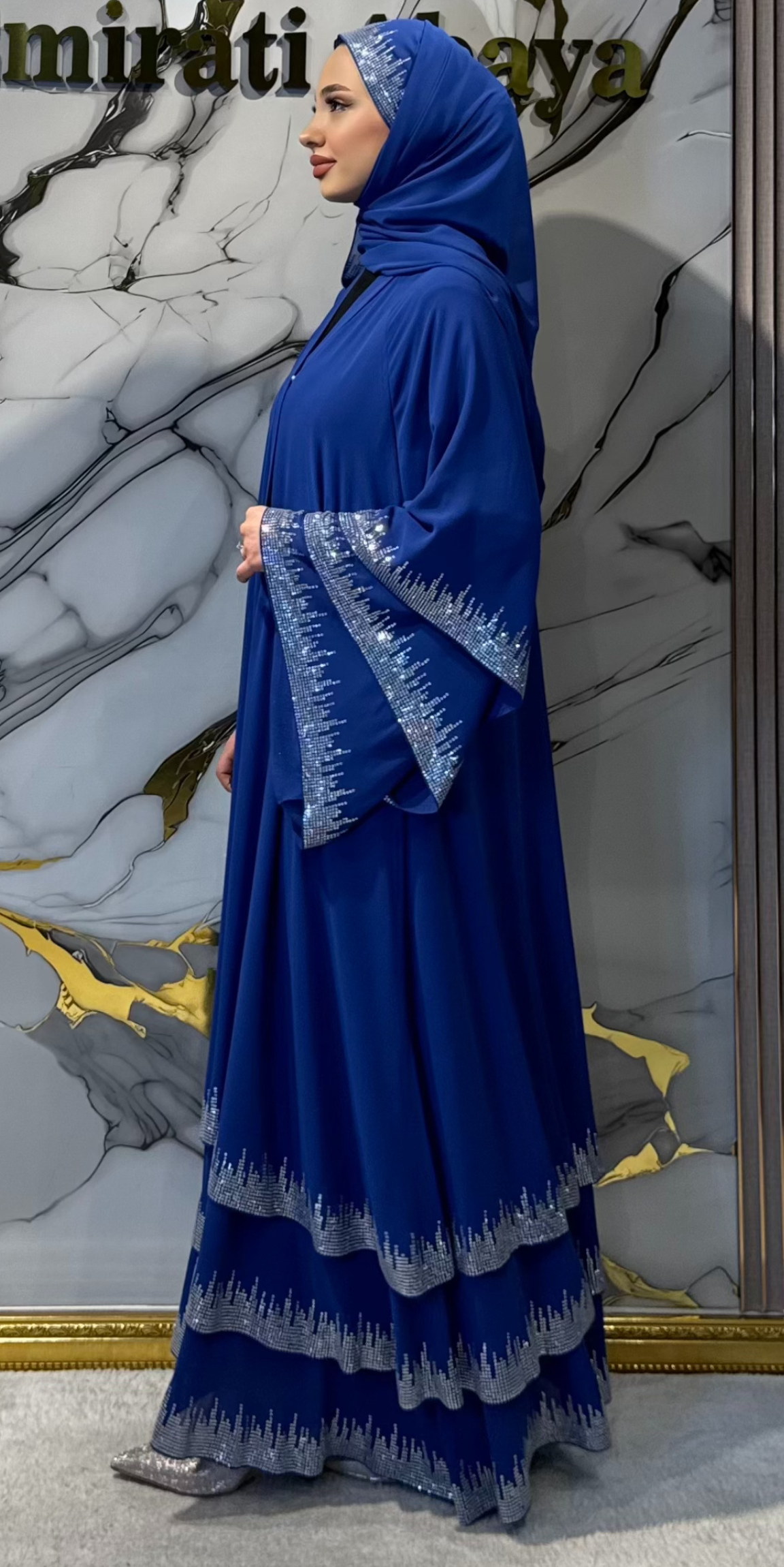 Üç Katlı Gümüş Taşlı Mavi Şifon Takım Şal Dahil | TM22 WSM