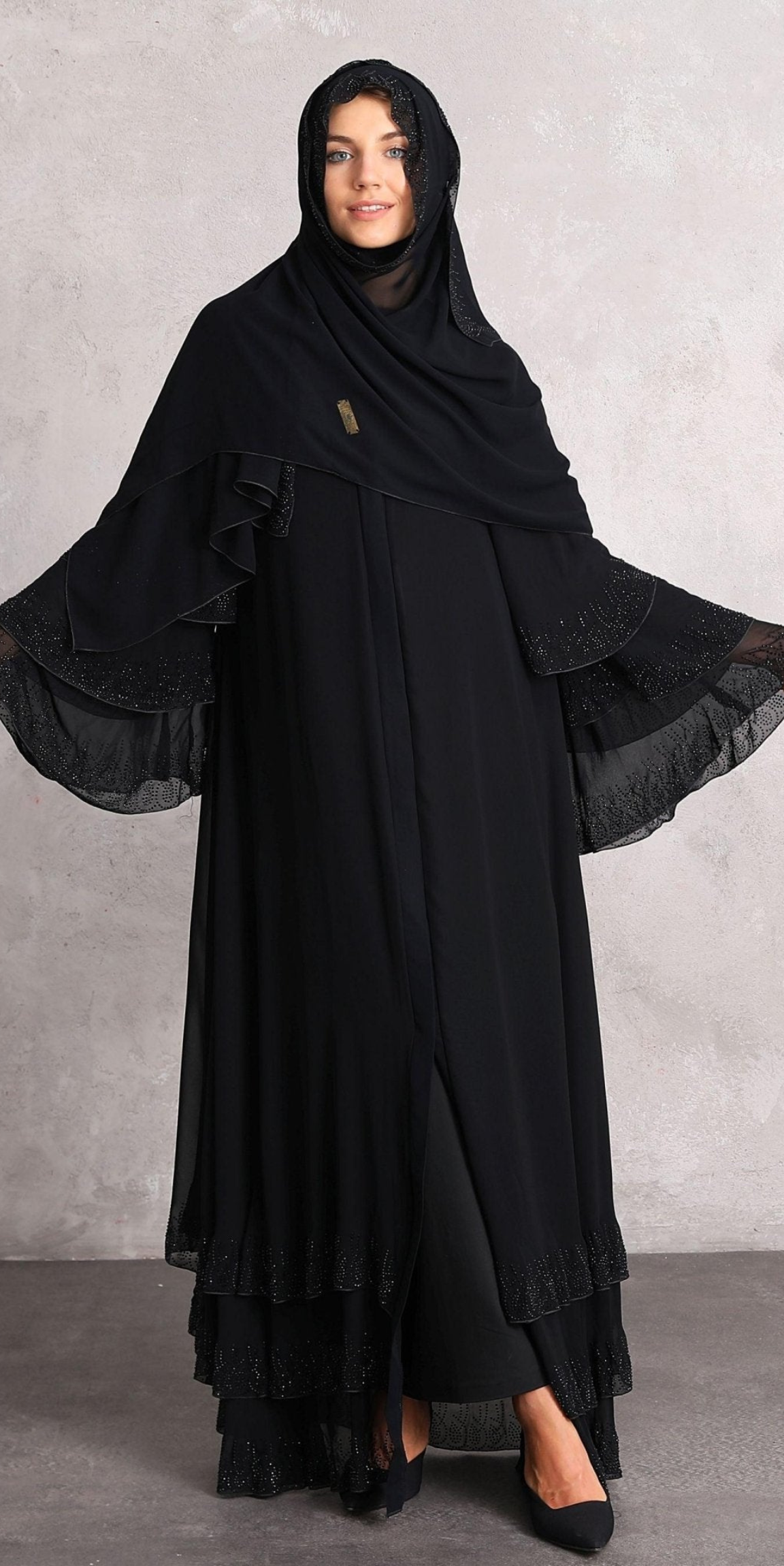 Etek Uçları Siyah Swarovski Taşlı Siyah Abaya