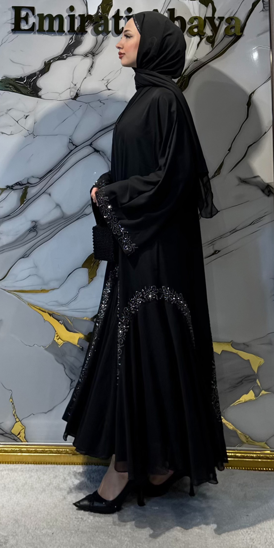 Hematit Taş Desenli Siyah Şifon Abaya Kristal Desen | TM104 HSB