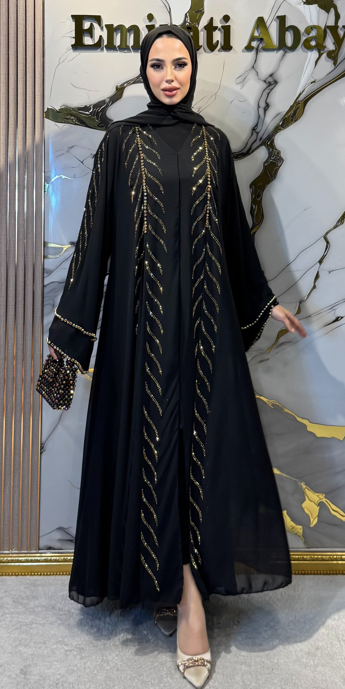 Altın Swarovski Taşlı Emirati Tasarım Siyah Kore Şifon Abaya