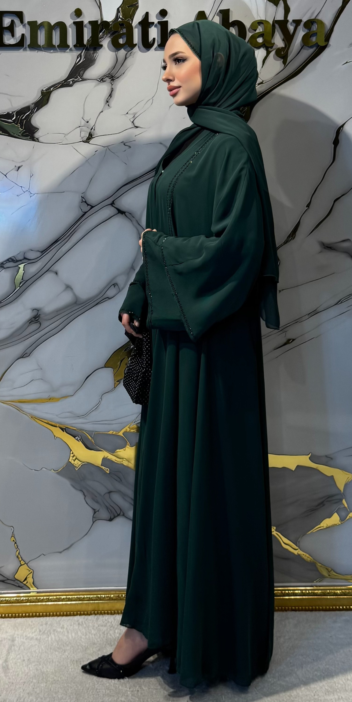 Yapışkan Taşlı Önü Yırtmaçlı Zümrüt Yeşili Şifon Abaya – Şallı Takım | TM06 G BS Green
