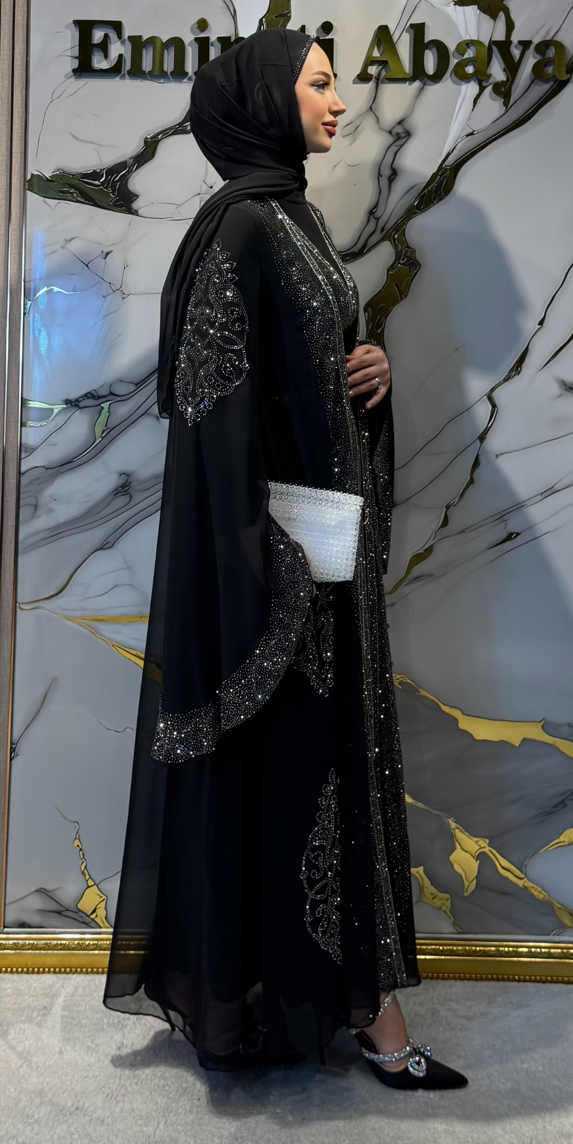 Starlit Noir Hematite Stone Embellished Traditional Abaya | WS57 HSB
