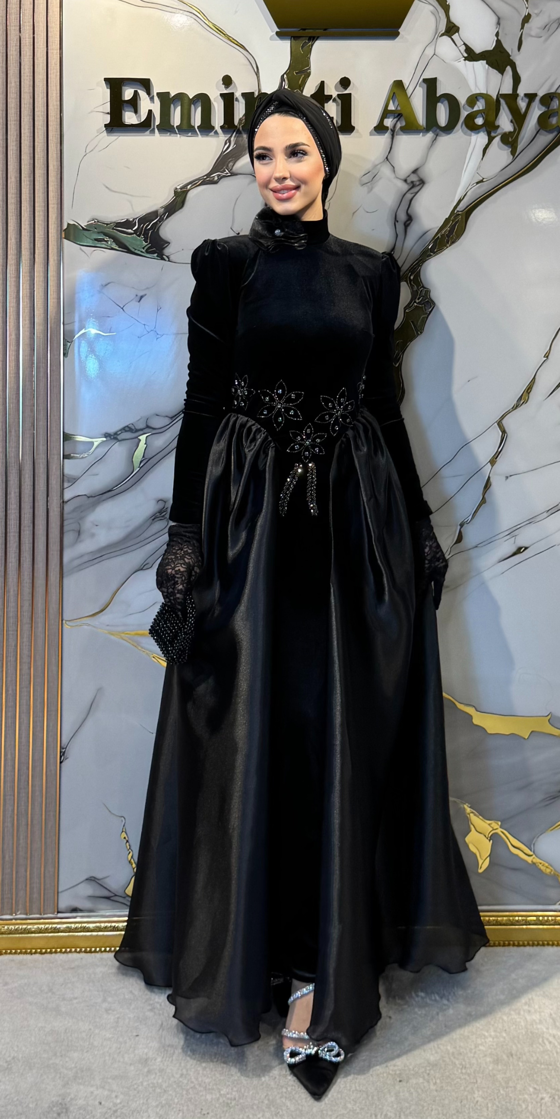 Dubai Style Evening Dress with Hematite Stones, Velvet and Organza Details