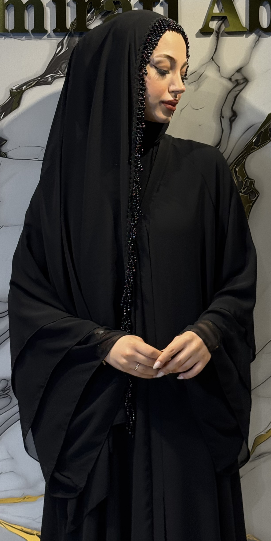 Black Chiffon Scarf with Tassel and Pearl Details, 180x75cm - Elegant Scattered Design