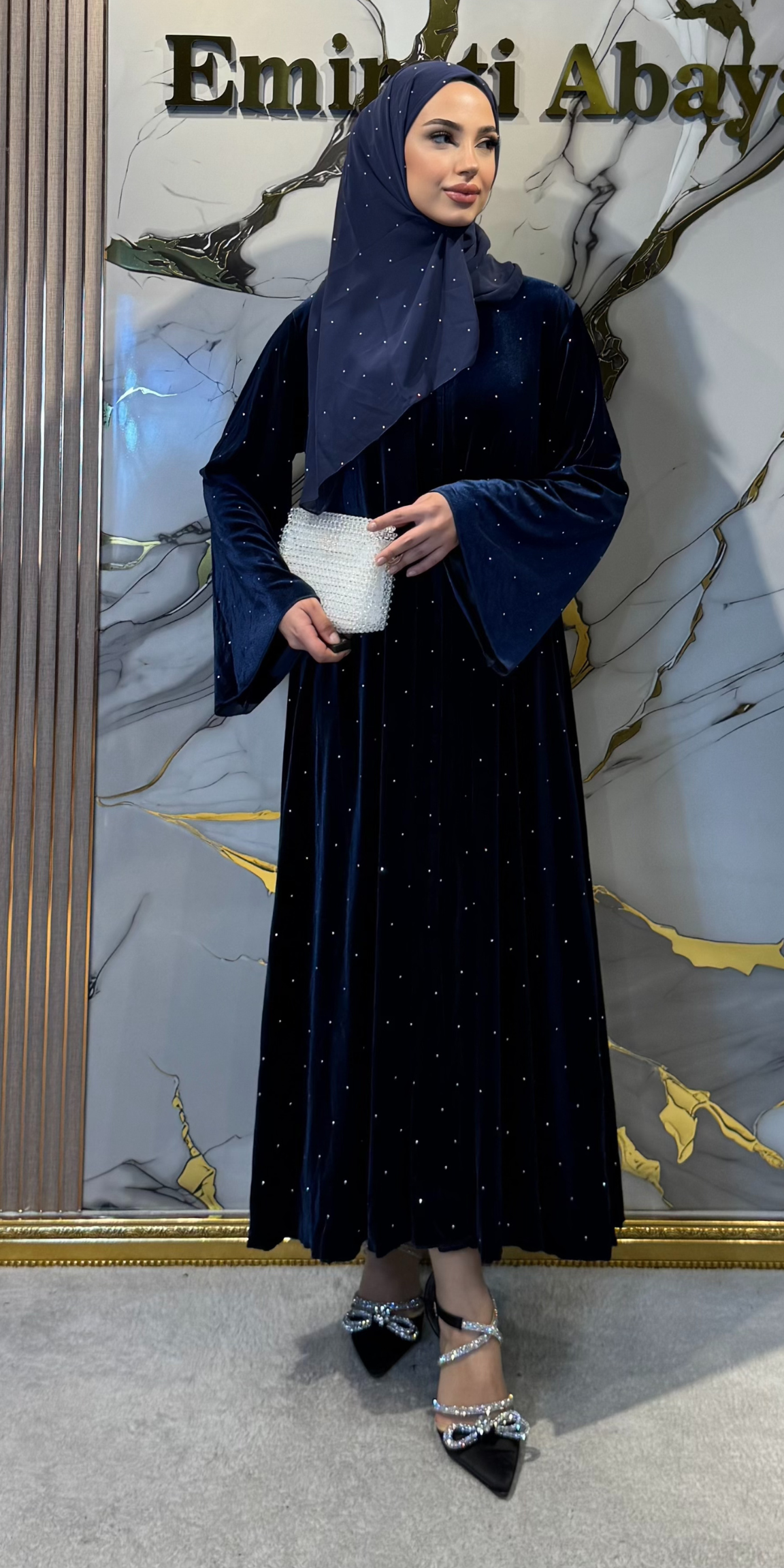 Navy Blue Velvet Shimmering Embellished Abaya TM063 VJSM
