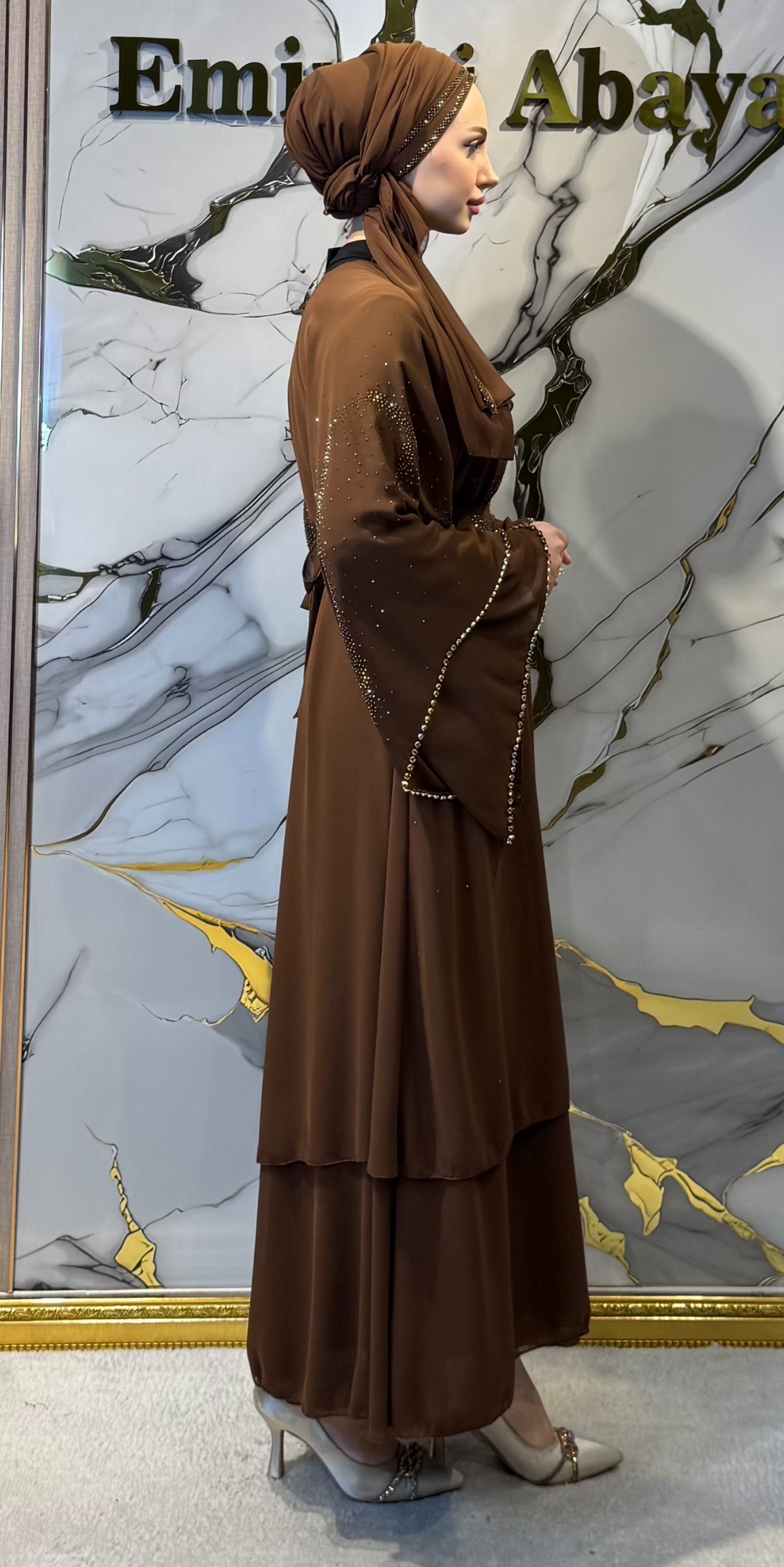 Altın Çakılmış Taşlı Kahverengi Dubai Abaya | LY48 GSK