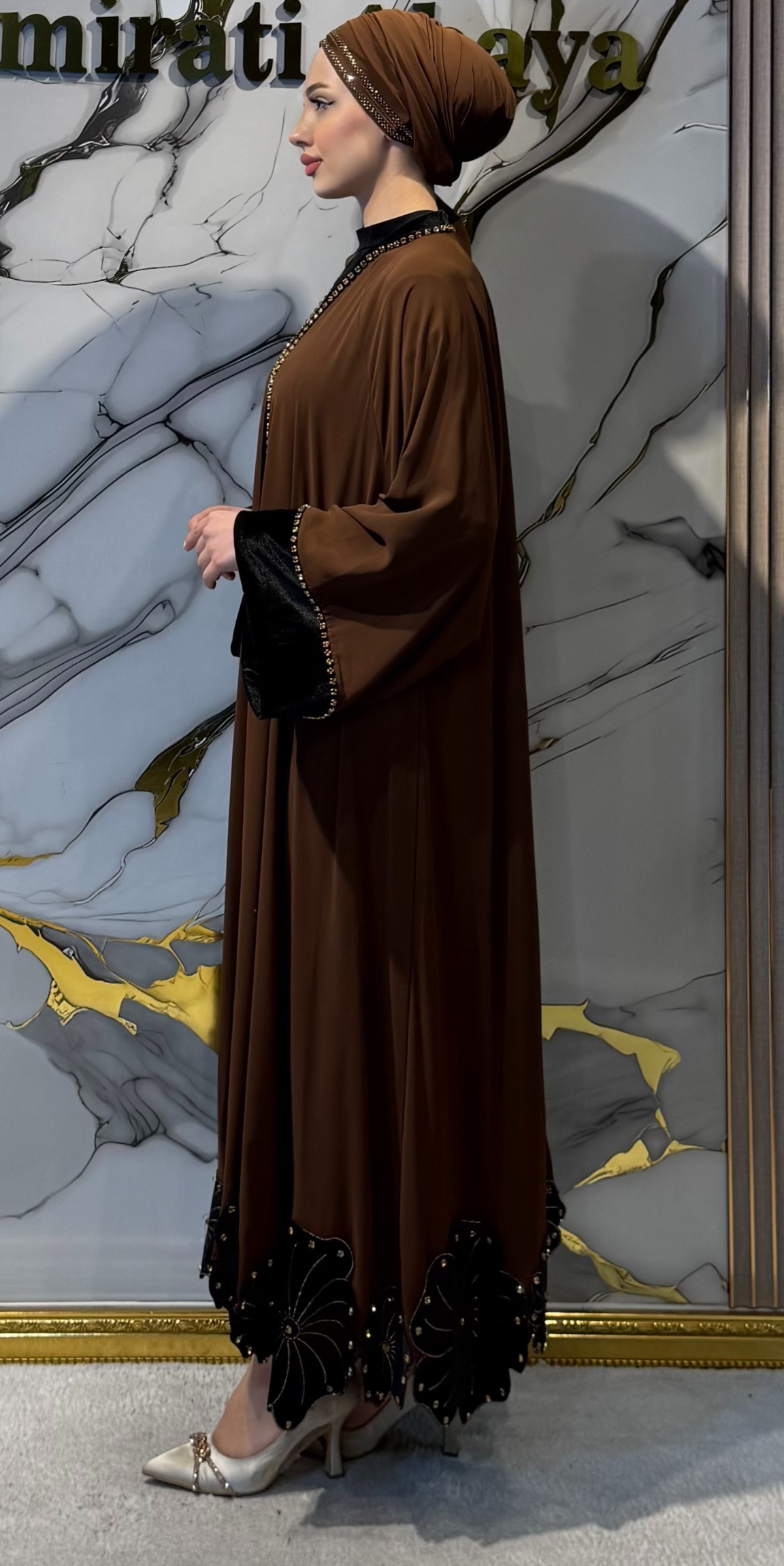 Brown Chiffon Abaya with Floral Embellishments on the Hem and Black Velvet Details | WS60 GSK